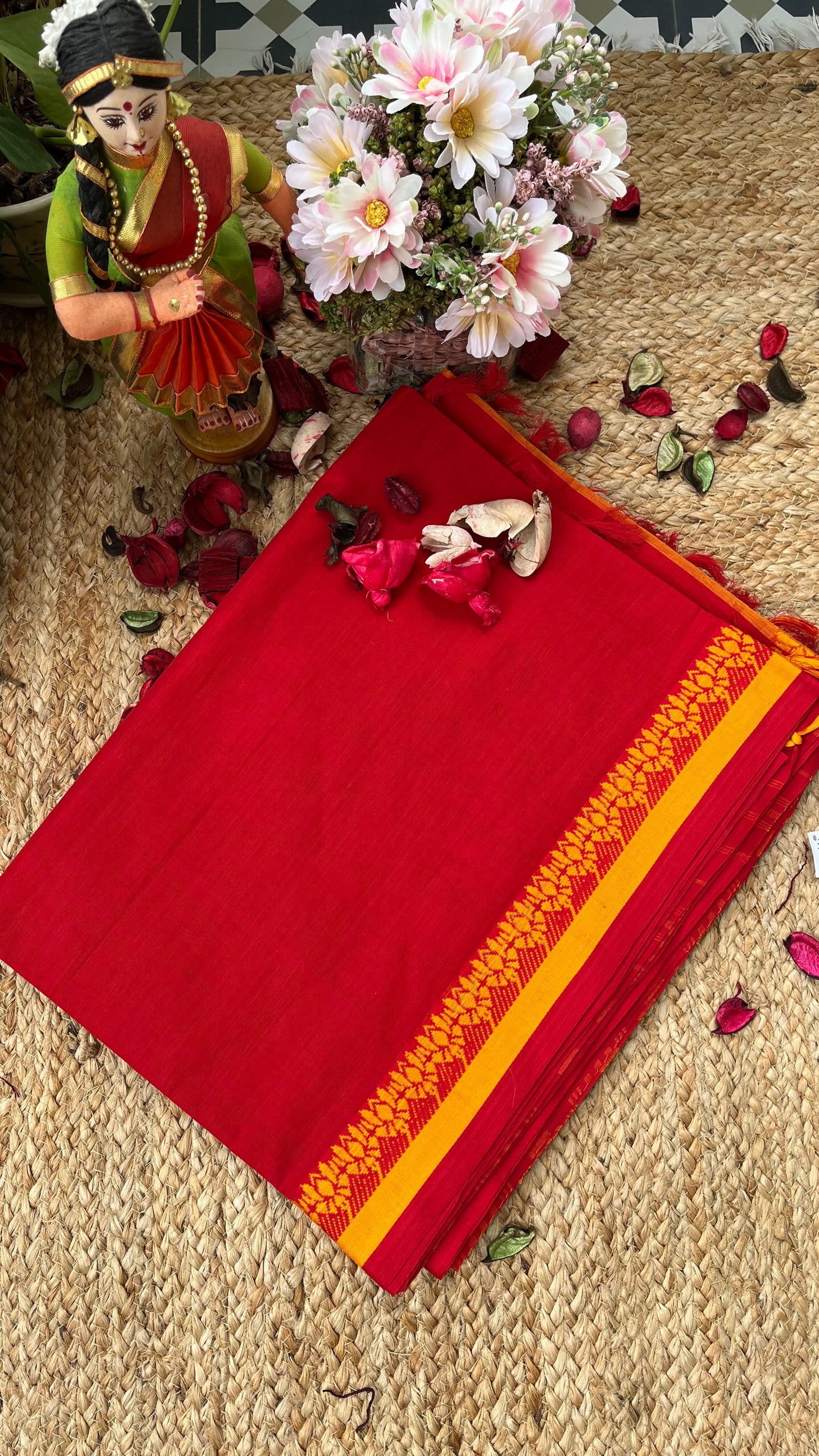 Dhaniakhali Pure Cotton Handloom Saree - Red Yellow