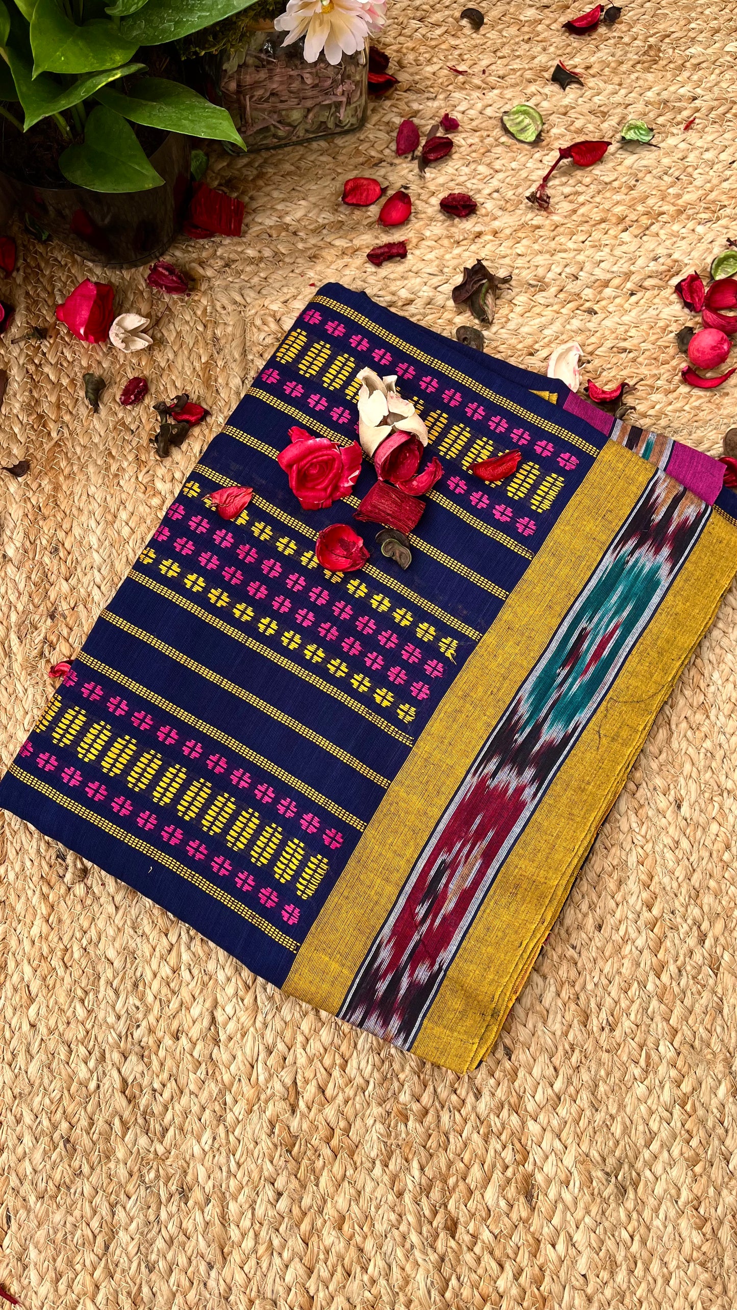 Begampuri Pure Cotton Handloom Saree - Blue Yellow