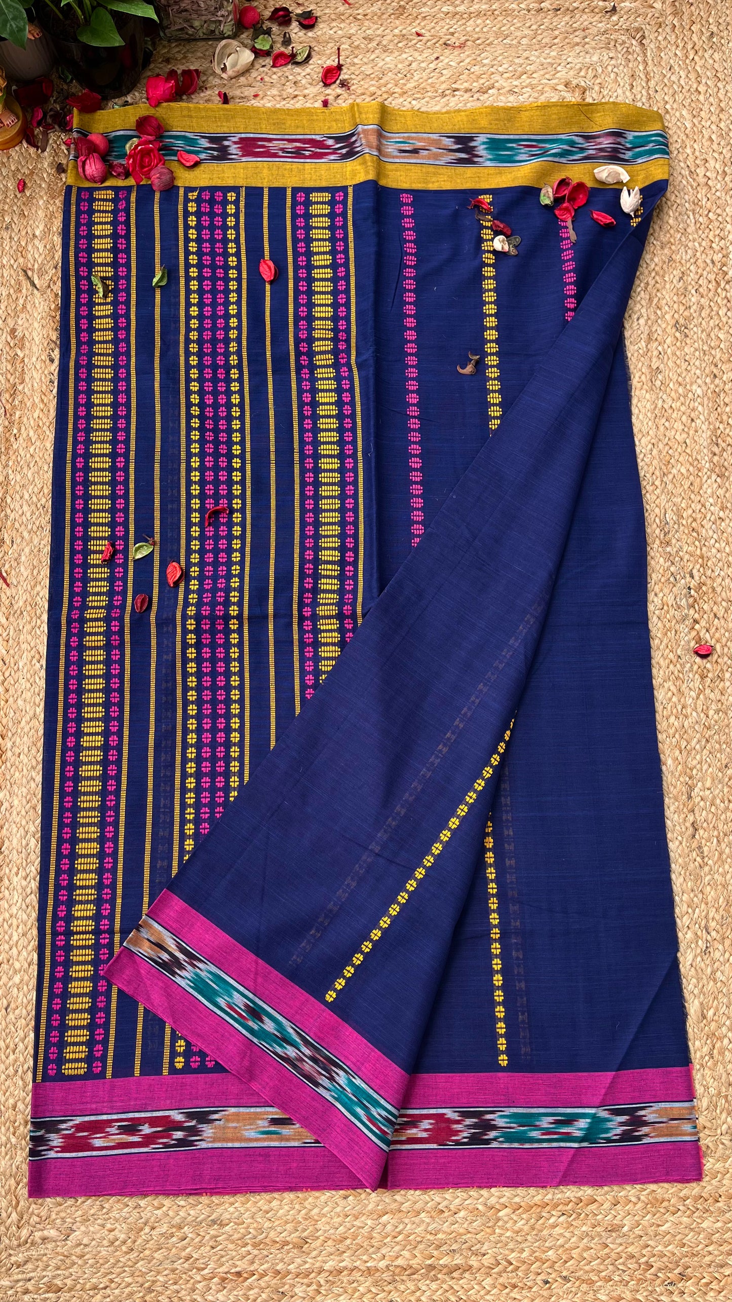 Begampuri Pure Cotton Handloom Saree - Blue Yellow