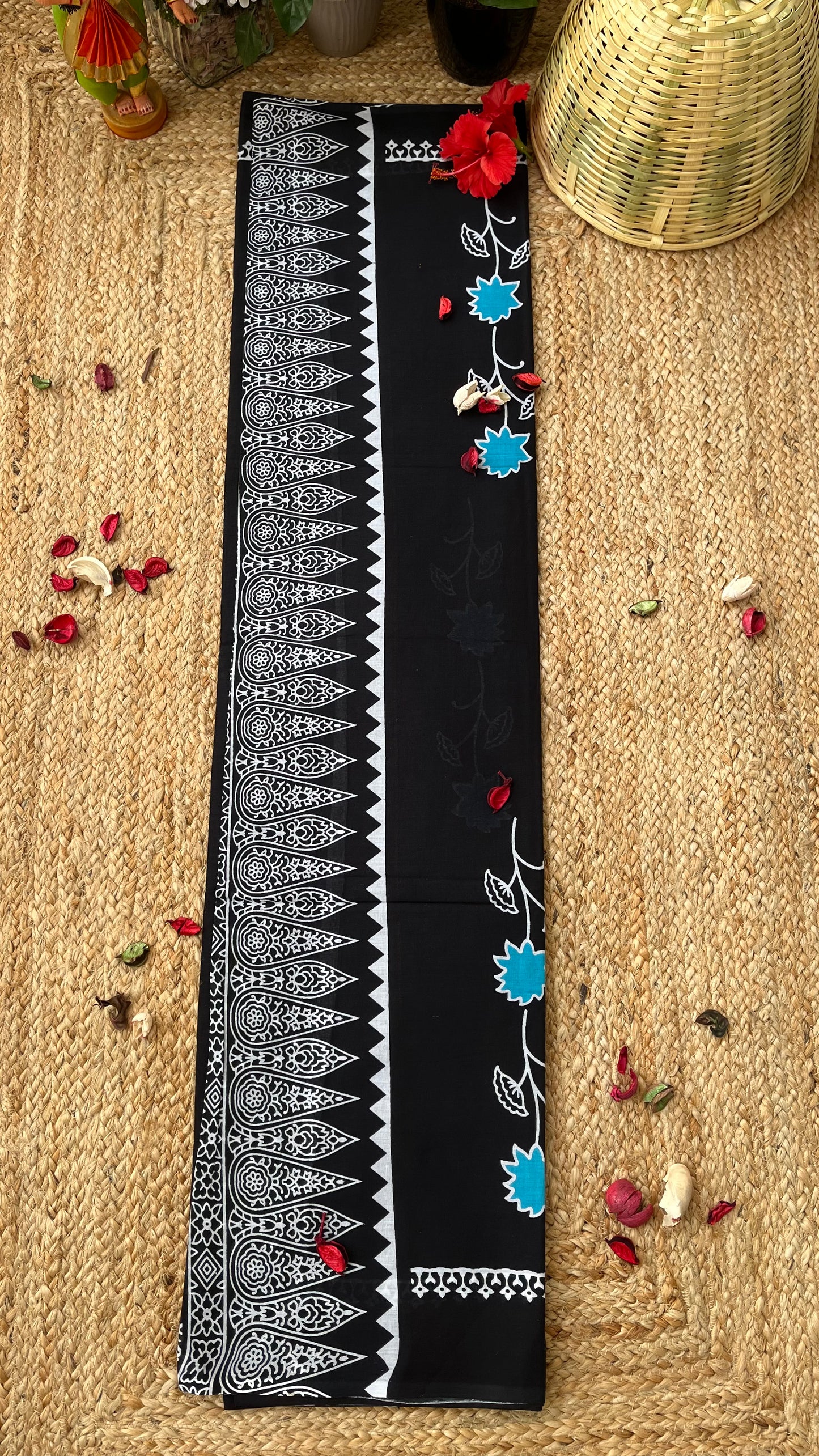 Bagru Flower Print Mulmul Cotton - Black