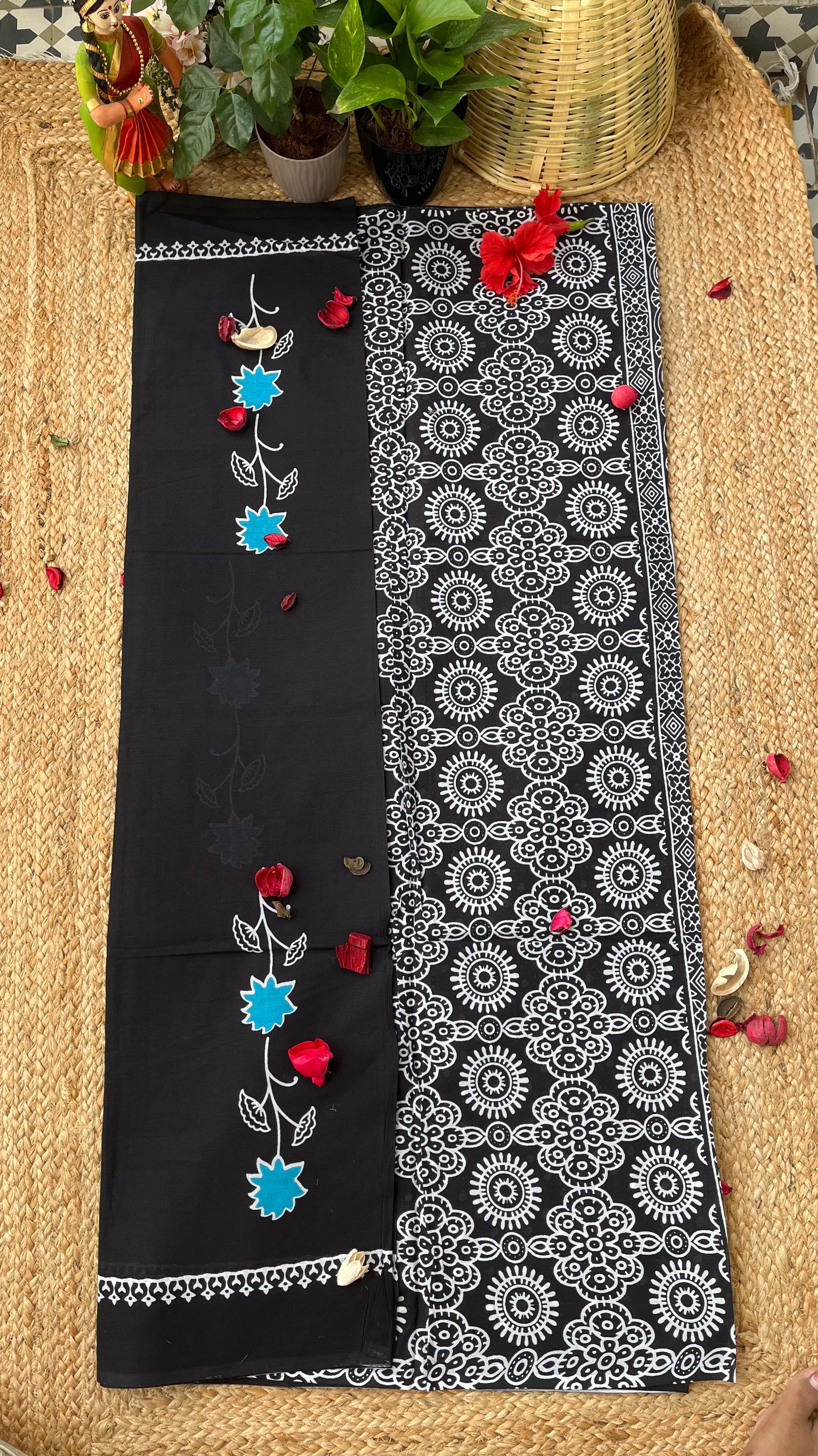 Bagru Flower Print Mulmul Cotton - Black