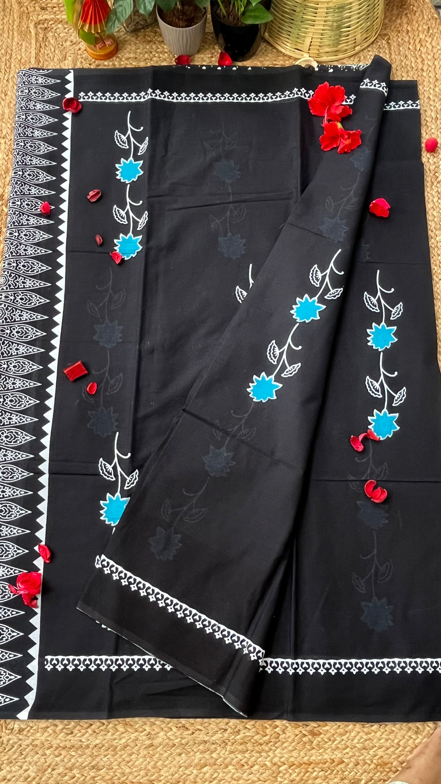 Bagru Flower Print Mulmul Cotton - Black