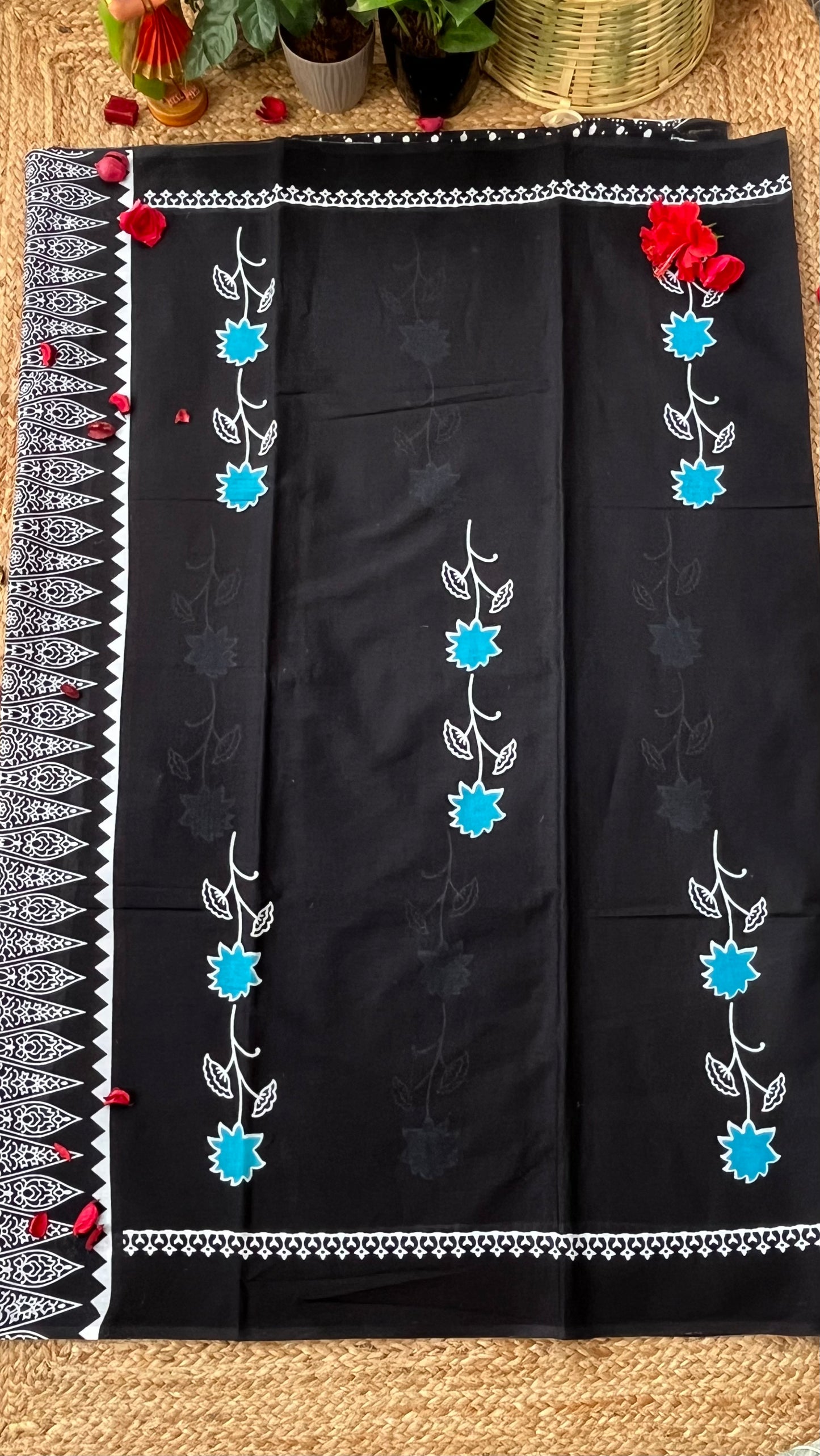 Bagru Flower Print Mulmul Cotton - Black