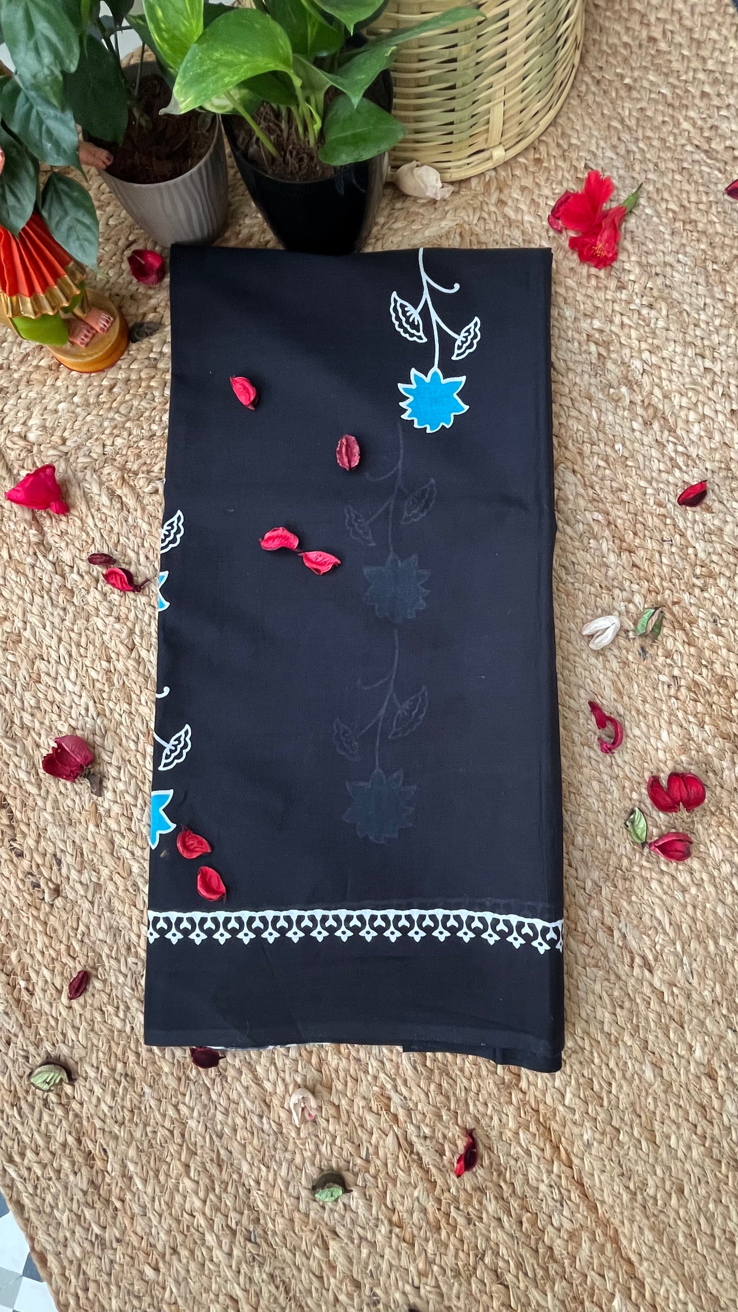 Bagru Flower Print Mulmul Cotton - Black