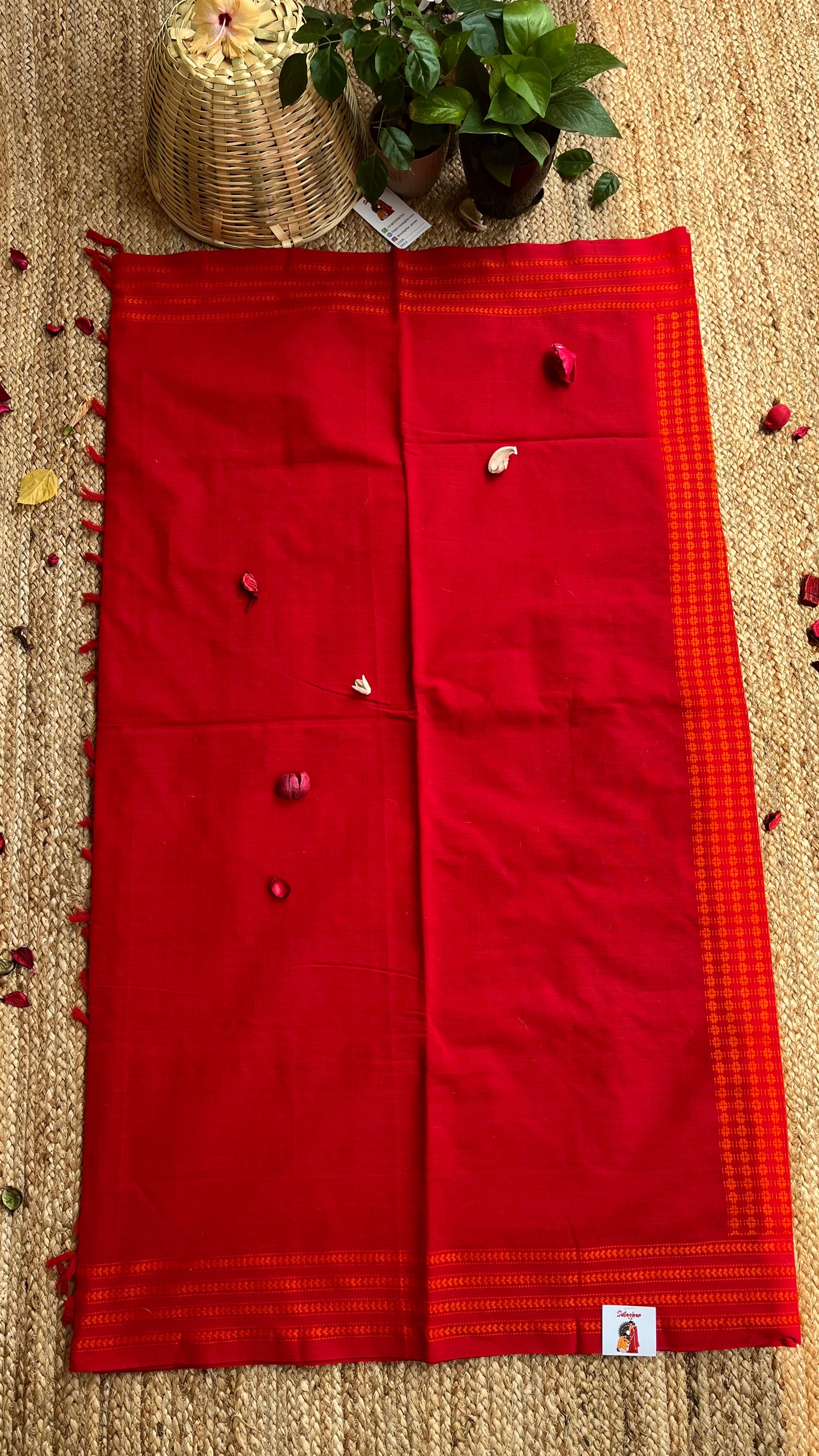Embroidered Bengal Cotton Handloom Saree - Red