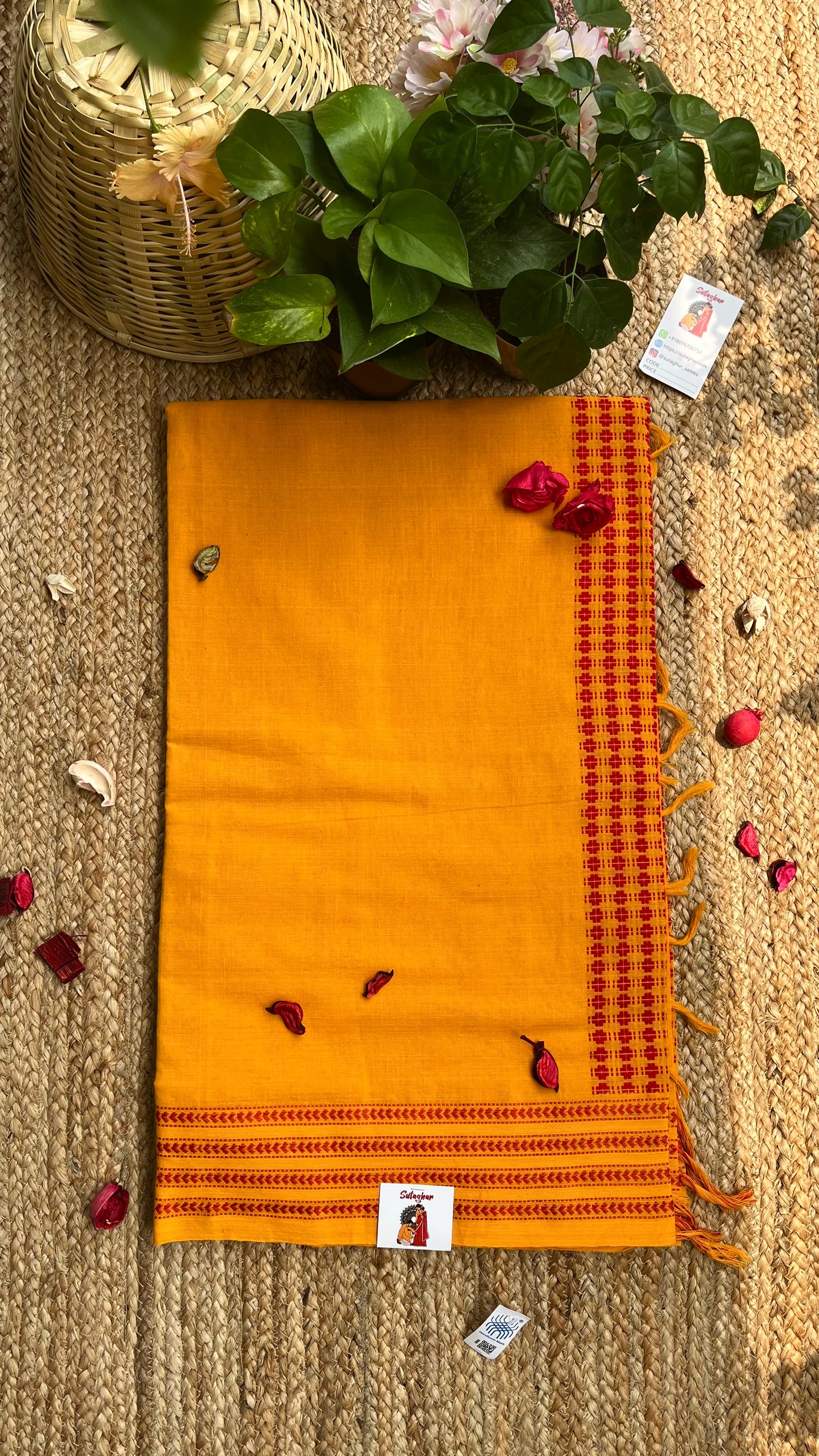 Embroidered Bengal Cotton Handloom Saree - Yellow Red