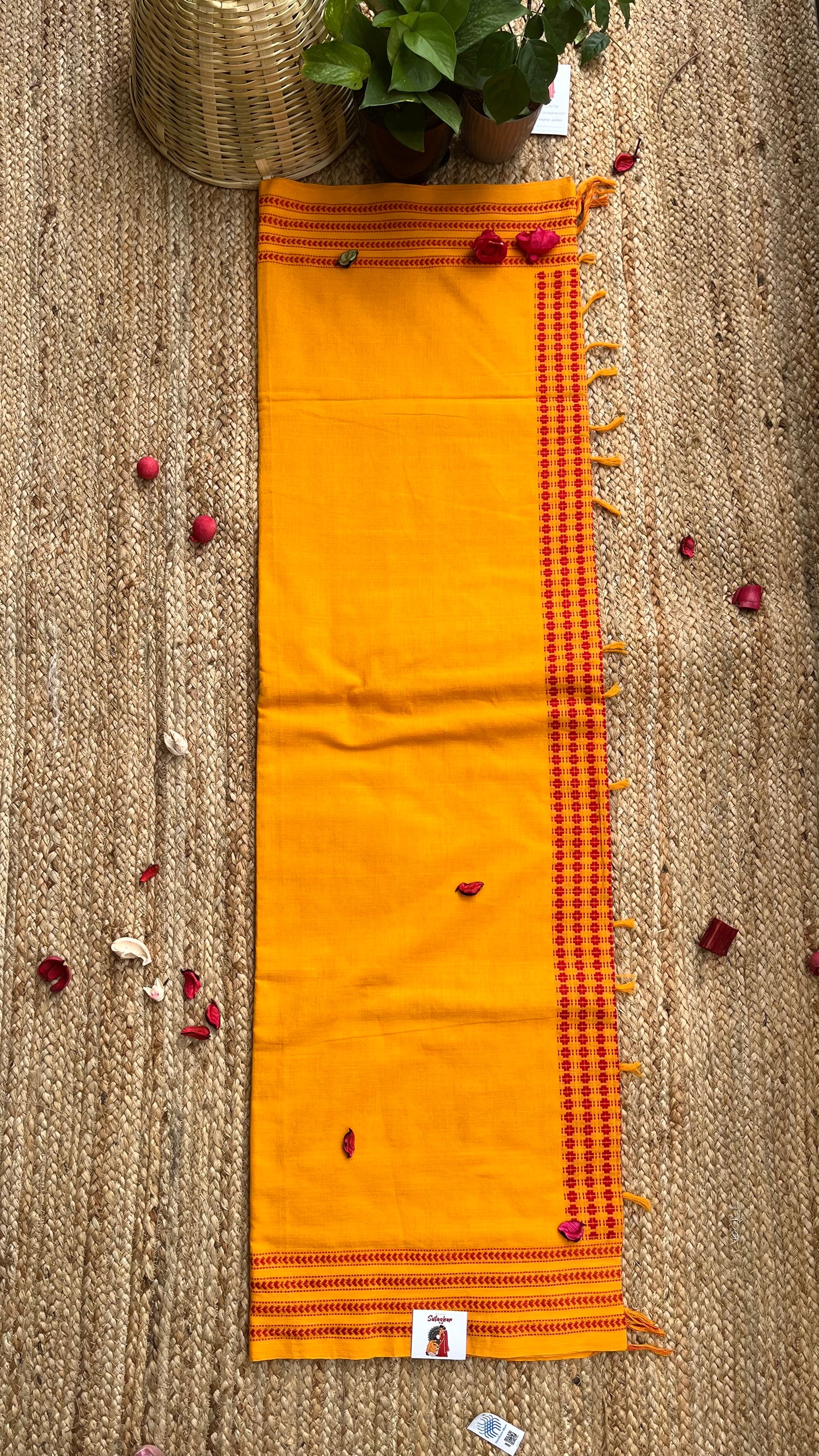 Embroidered Bengal Cotton Handloom Saree - Yellow Red