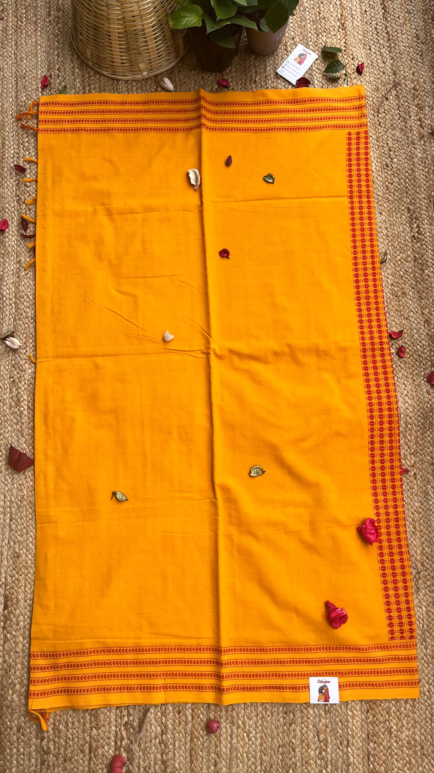 Embroidered Bengal Cotton Handloom Saree - Yellow Red