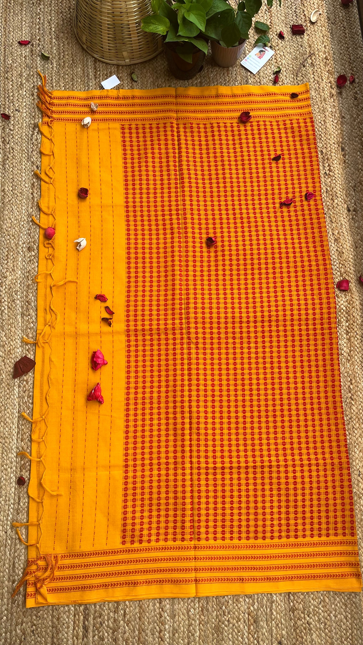 Embroidered Bengal Cotton Handloom Saree - Yellow Red