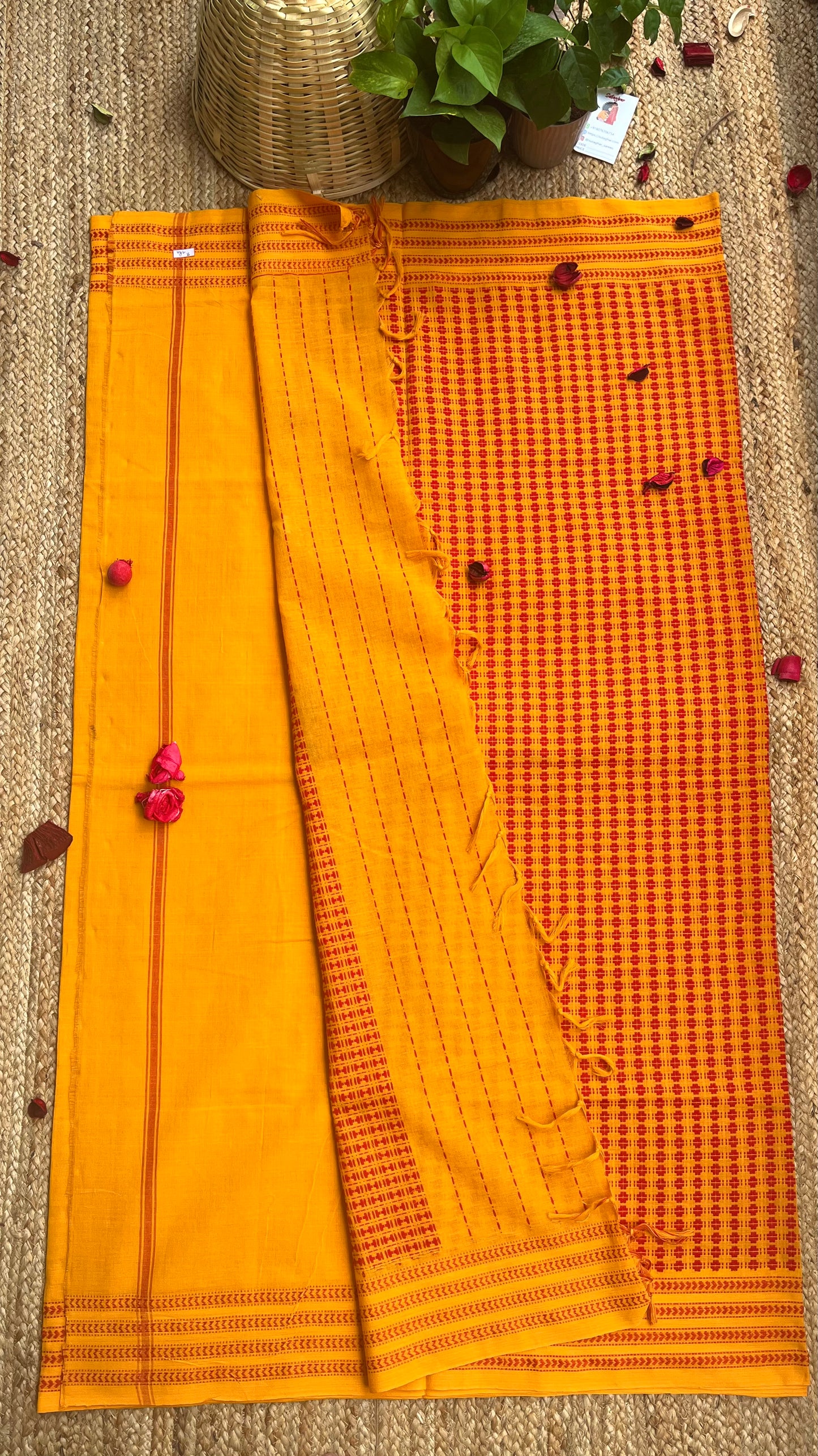 Embroidered Bengal Cotton Handloom Saree - Yellow Red