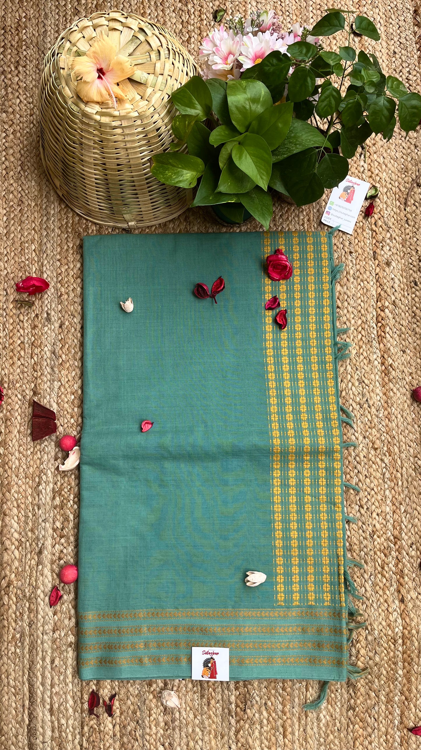 Embroidered Bengal Cotton Handloom Saree - Sea Green