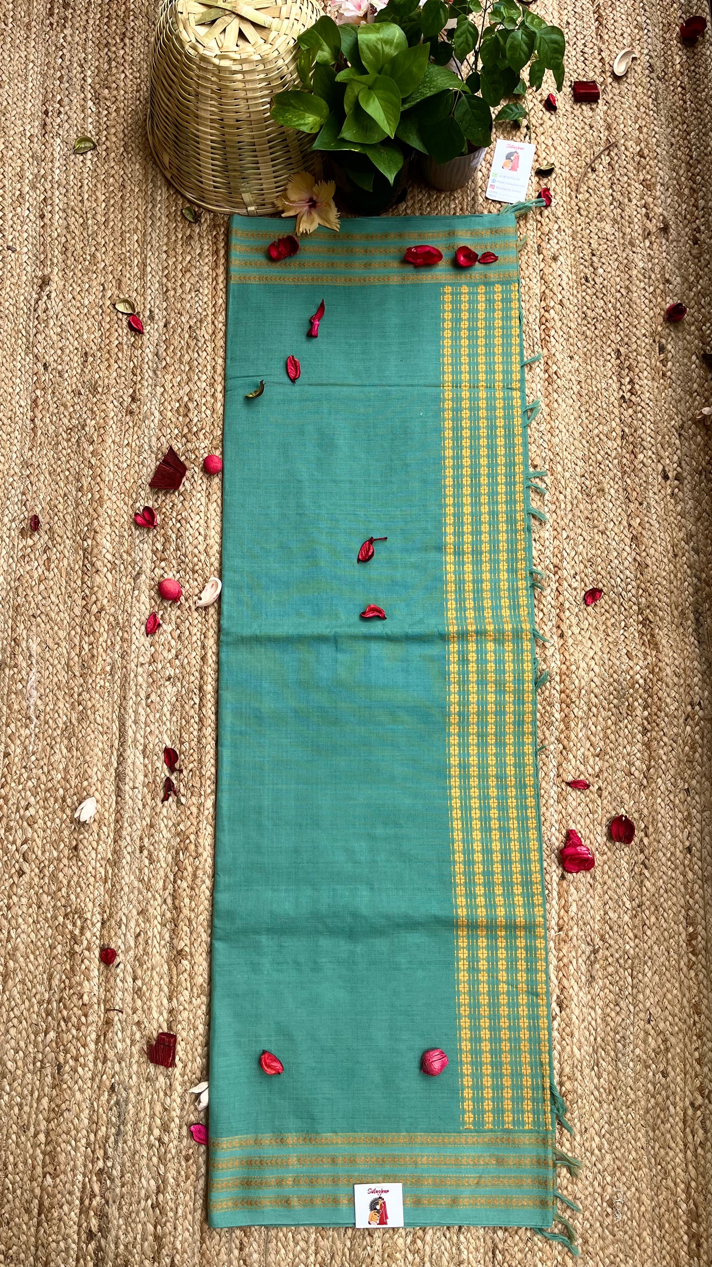 Embroidered Bengal Cotton Handloom Saree - Sea Green