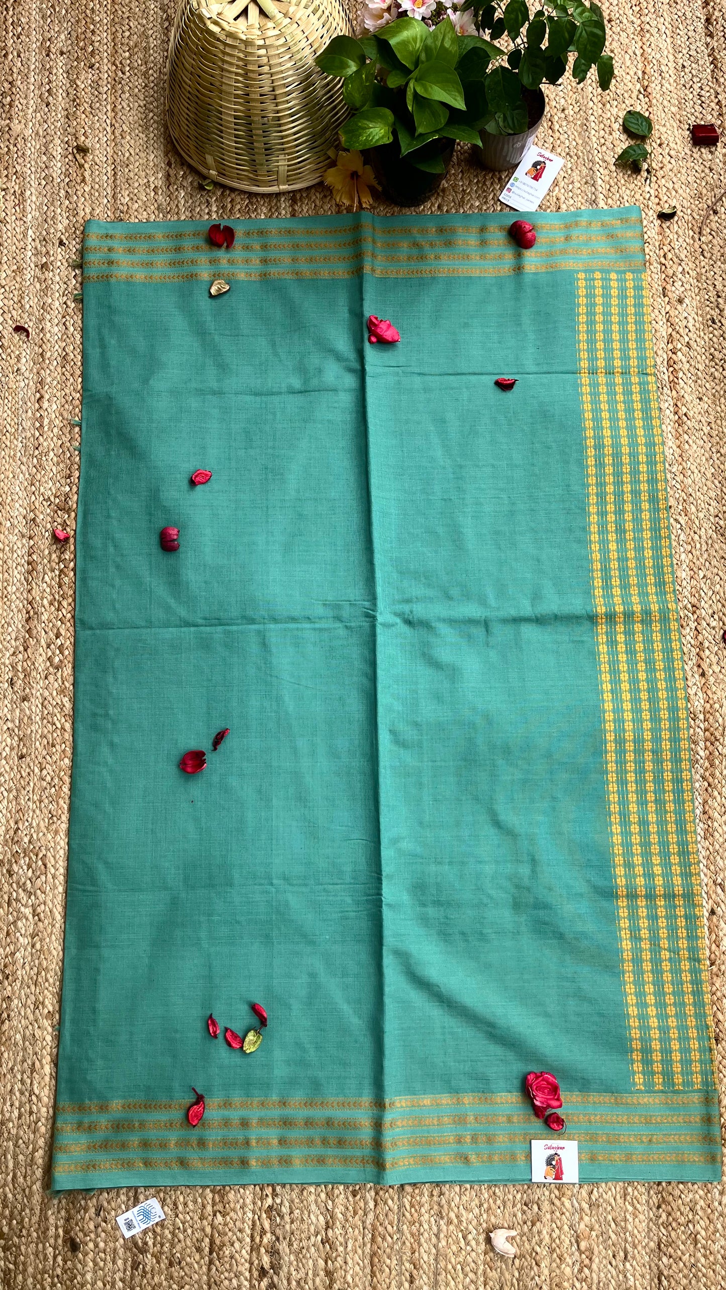 Embroidered Bengal Cotton Handloom Saree - Sea Green
