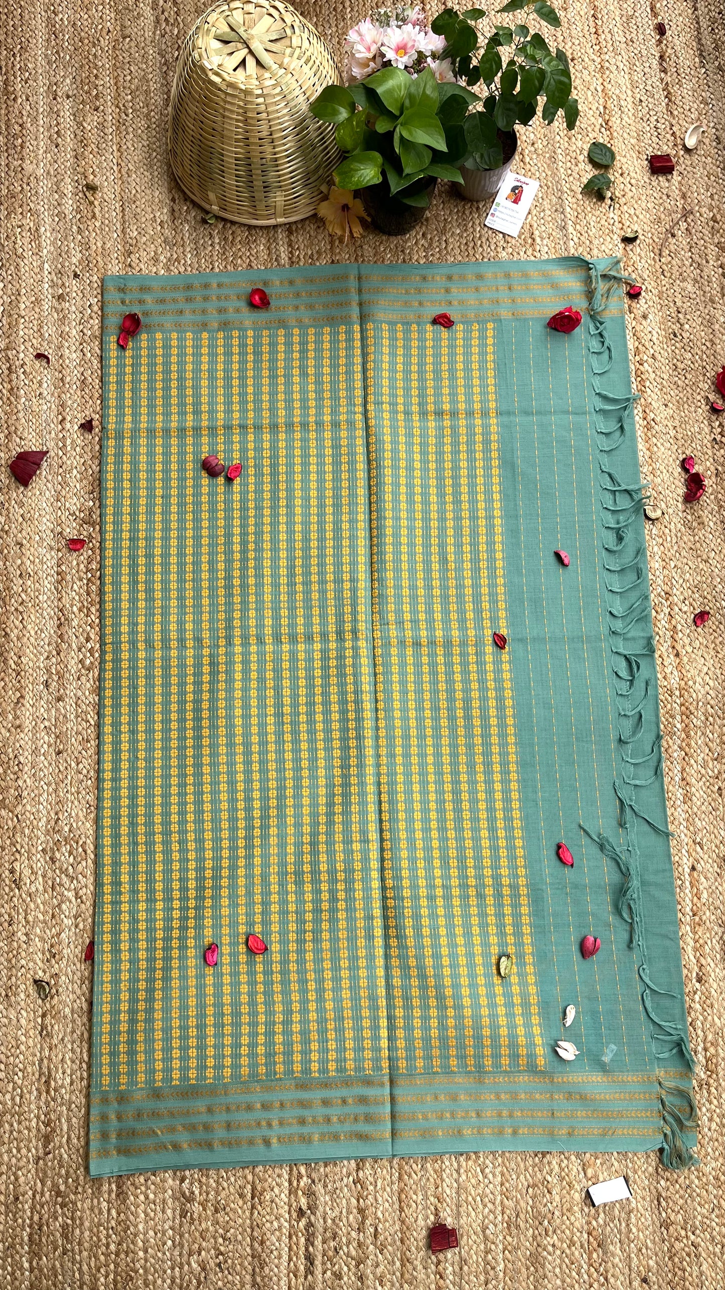 Embroidered Bengal Cotton Handloom Saree - Sea Green