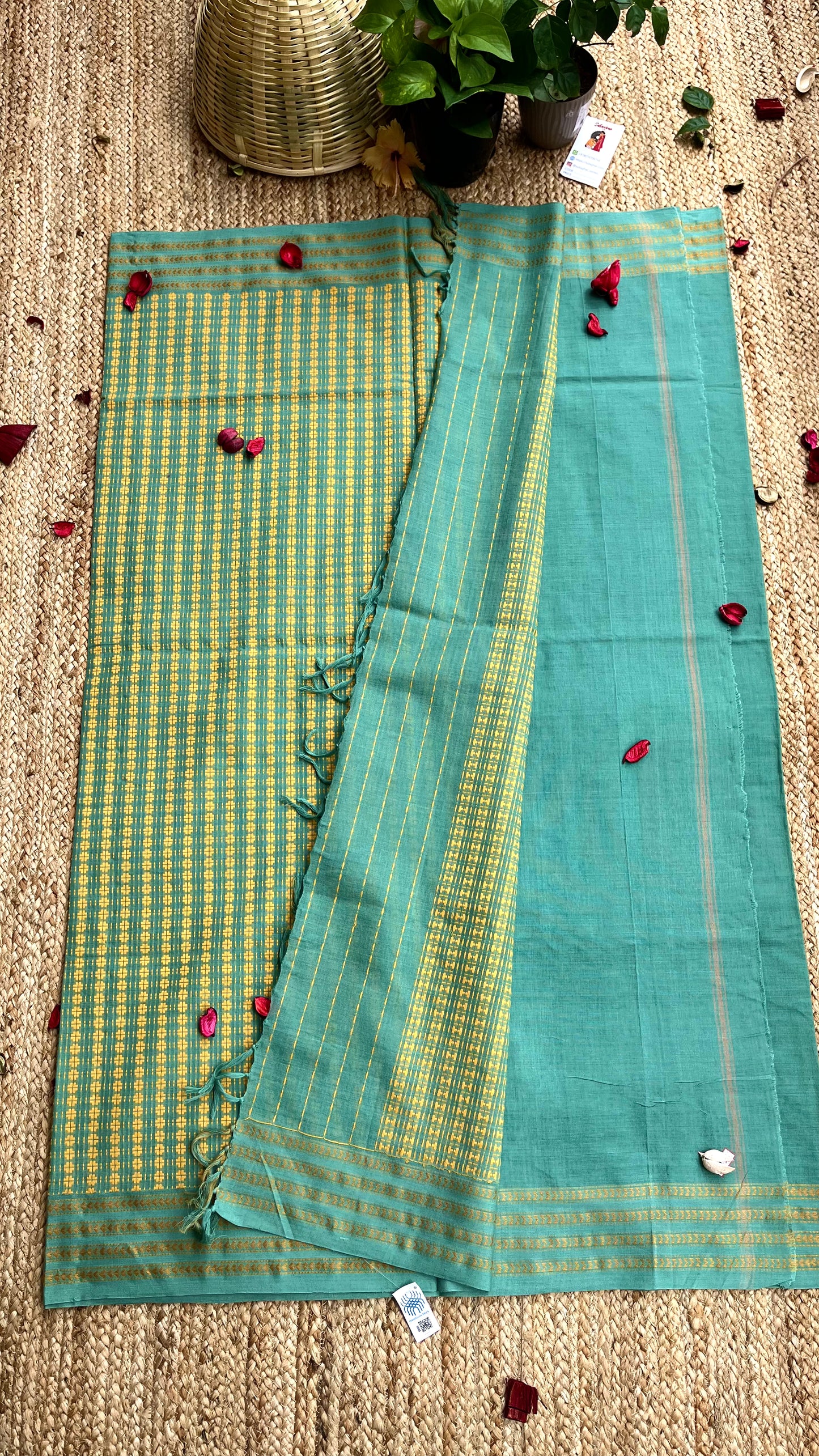 Embroidered Bengal Cotton Handloom Saree - Sea Green