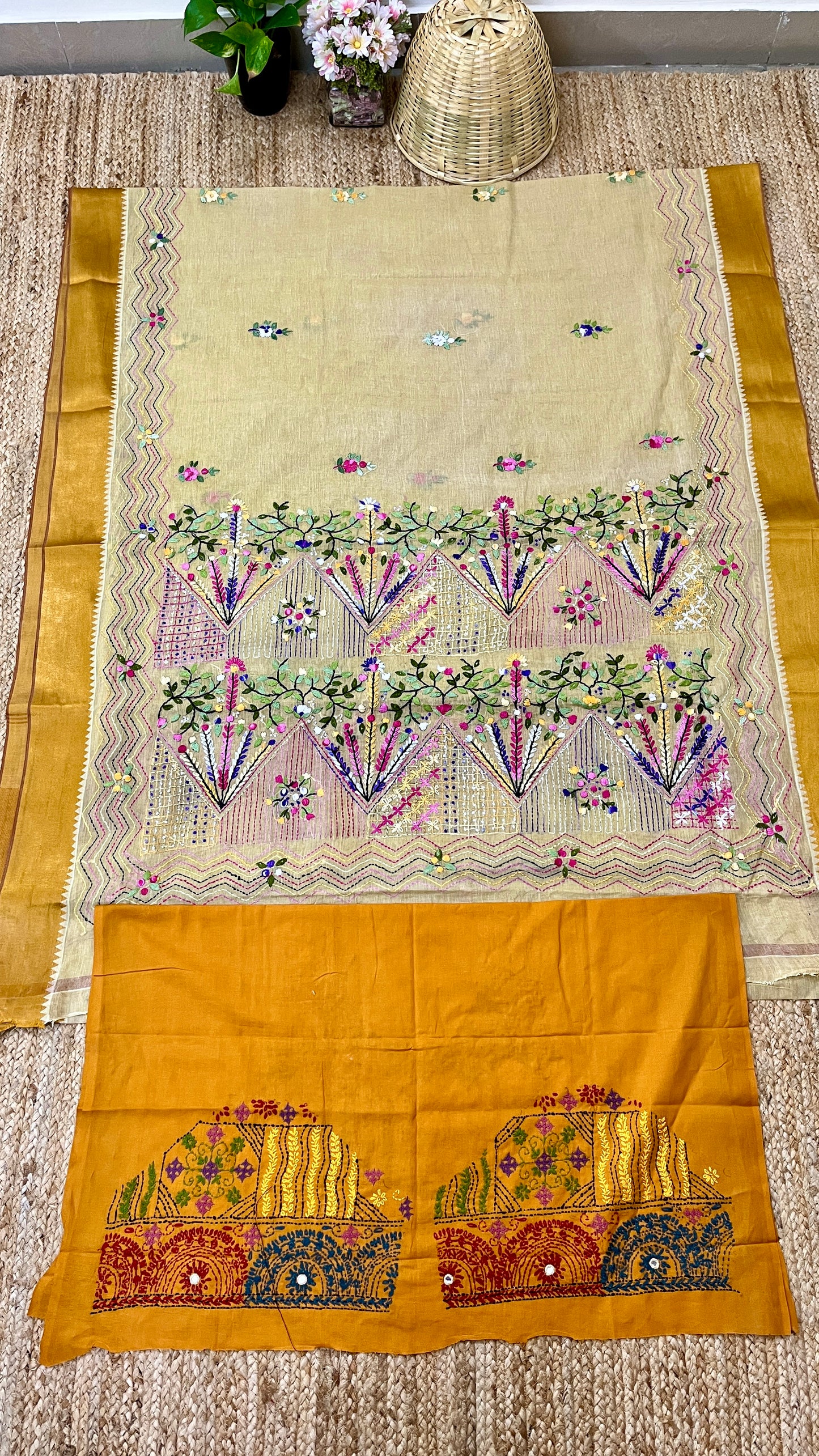Kantha Hand-Embroidered Beige and Yellow Saree