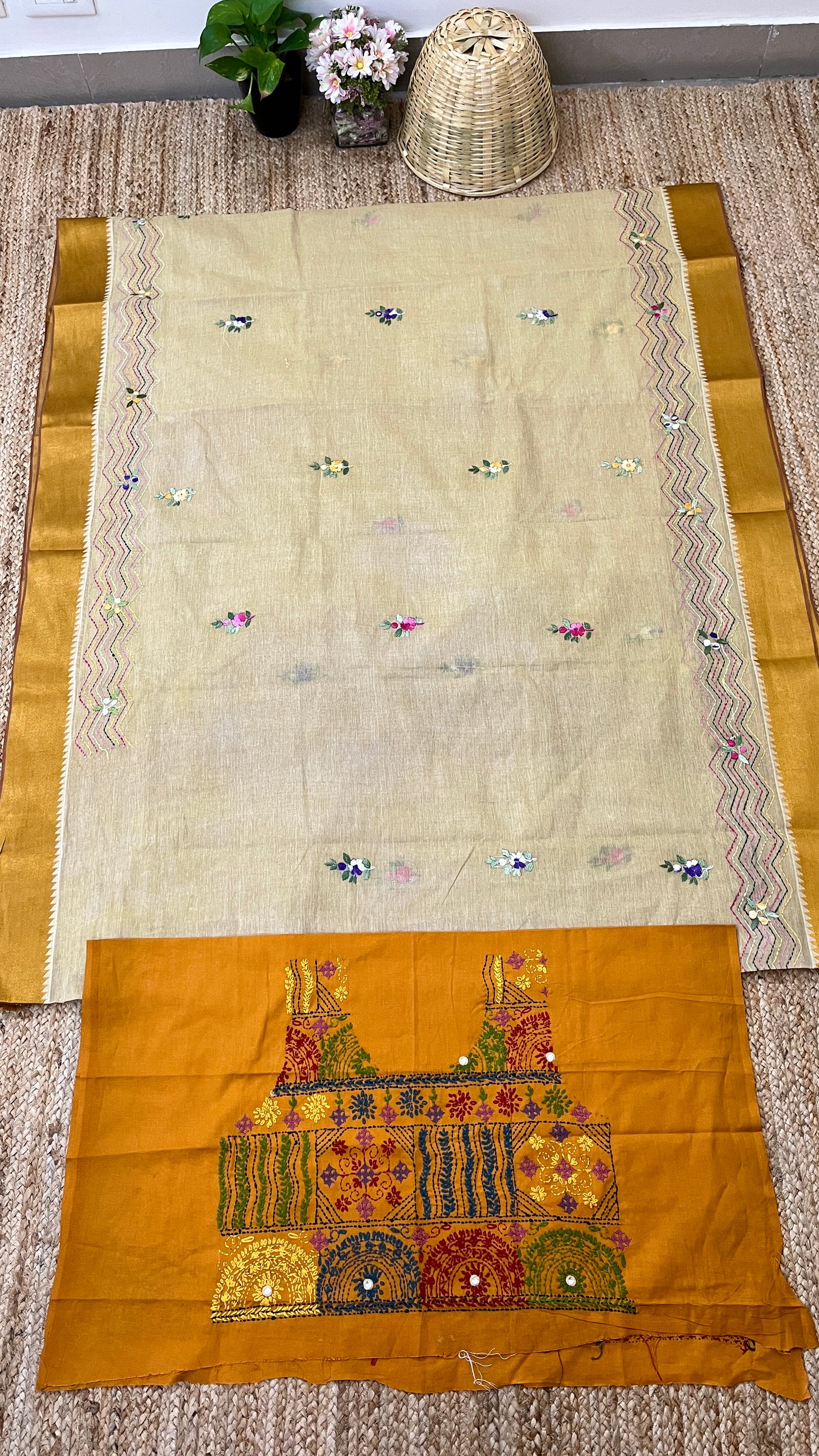 Kantha Hand-Embroidered Beige and Yellow Saree