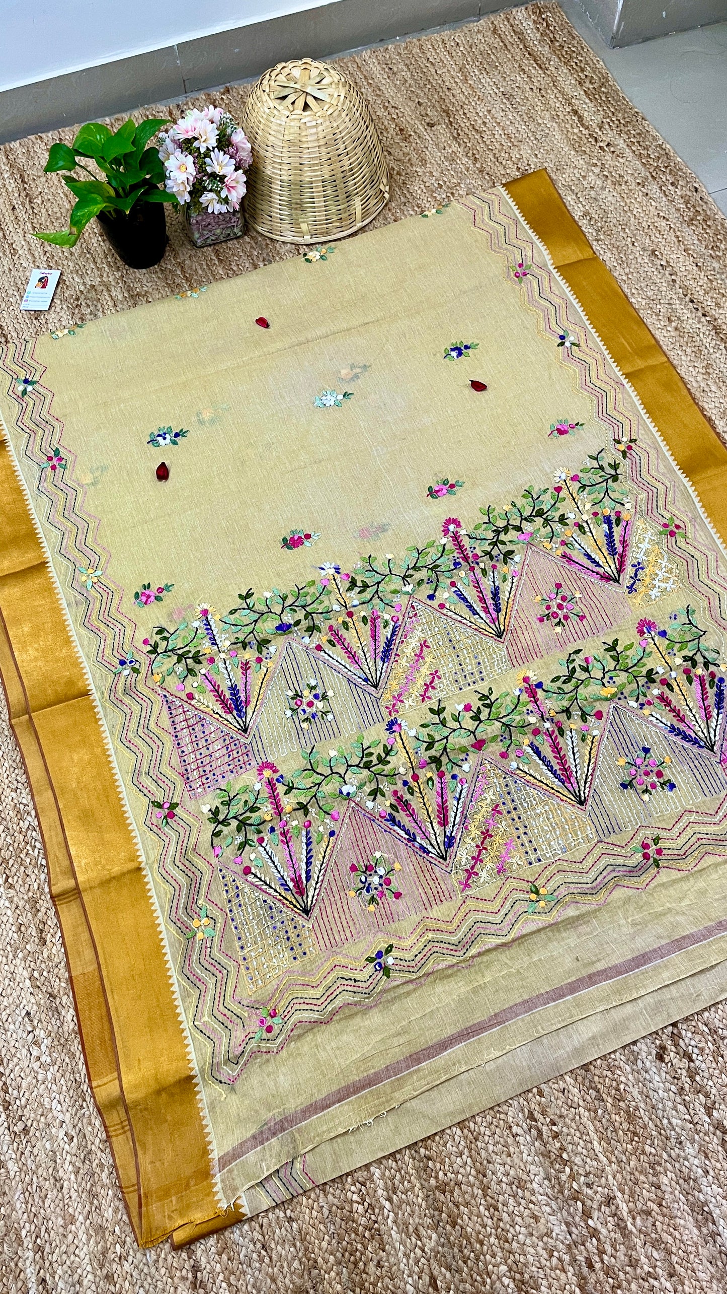 Kantha Hand-Embroidered Beige and Yellow Saree