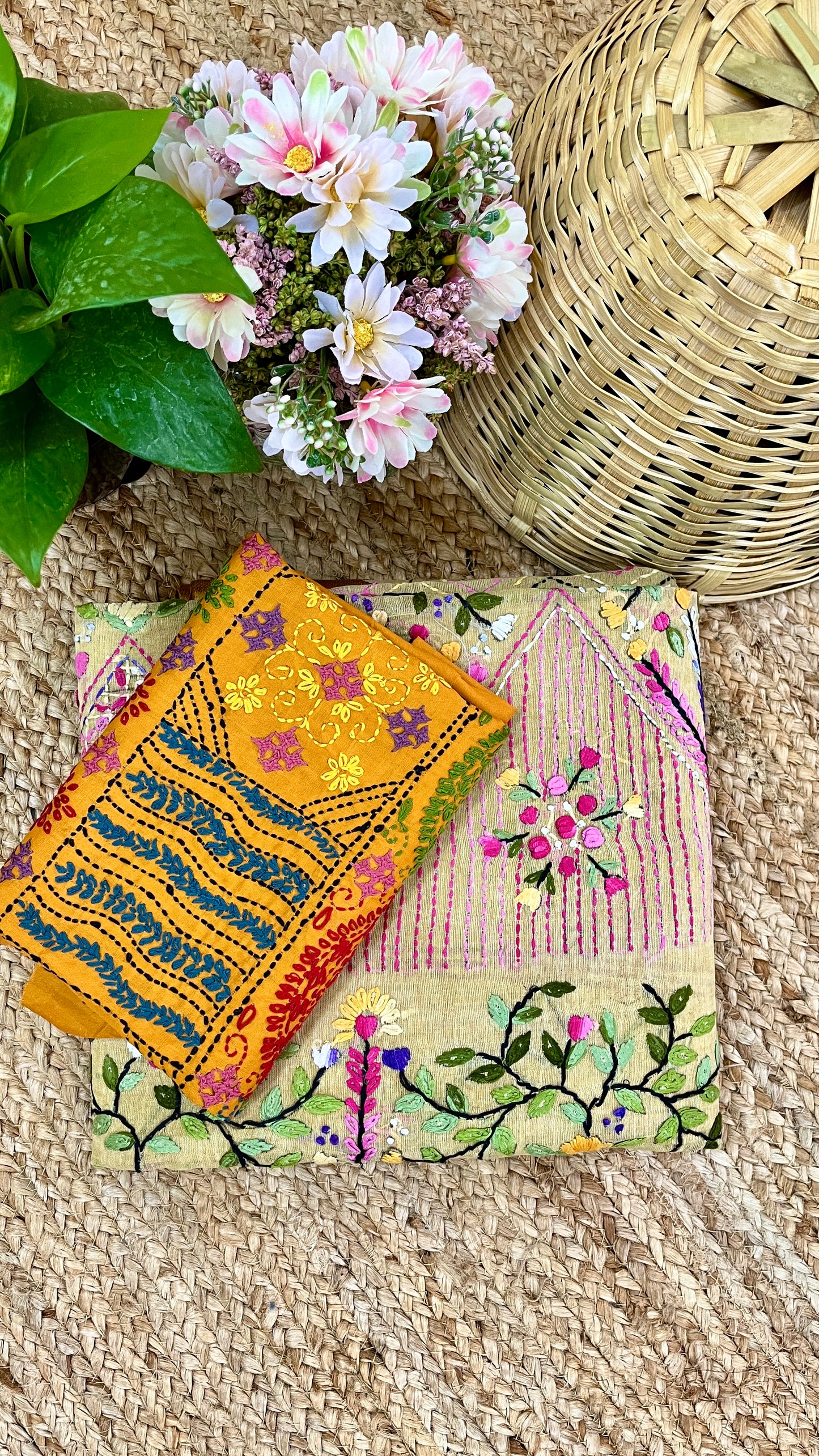 Kantha Hand-Embroidered Beige and Yellow Saree