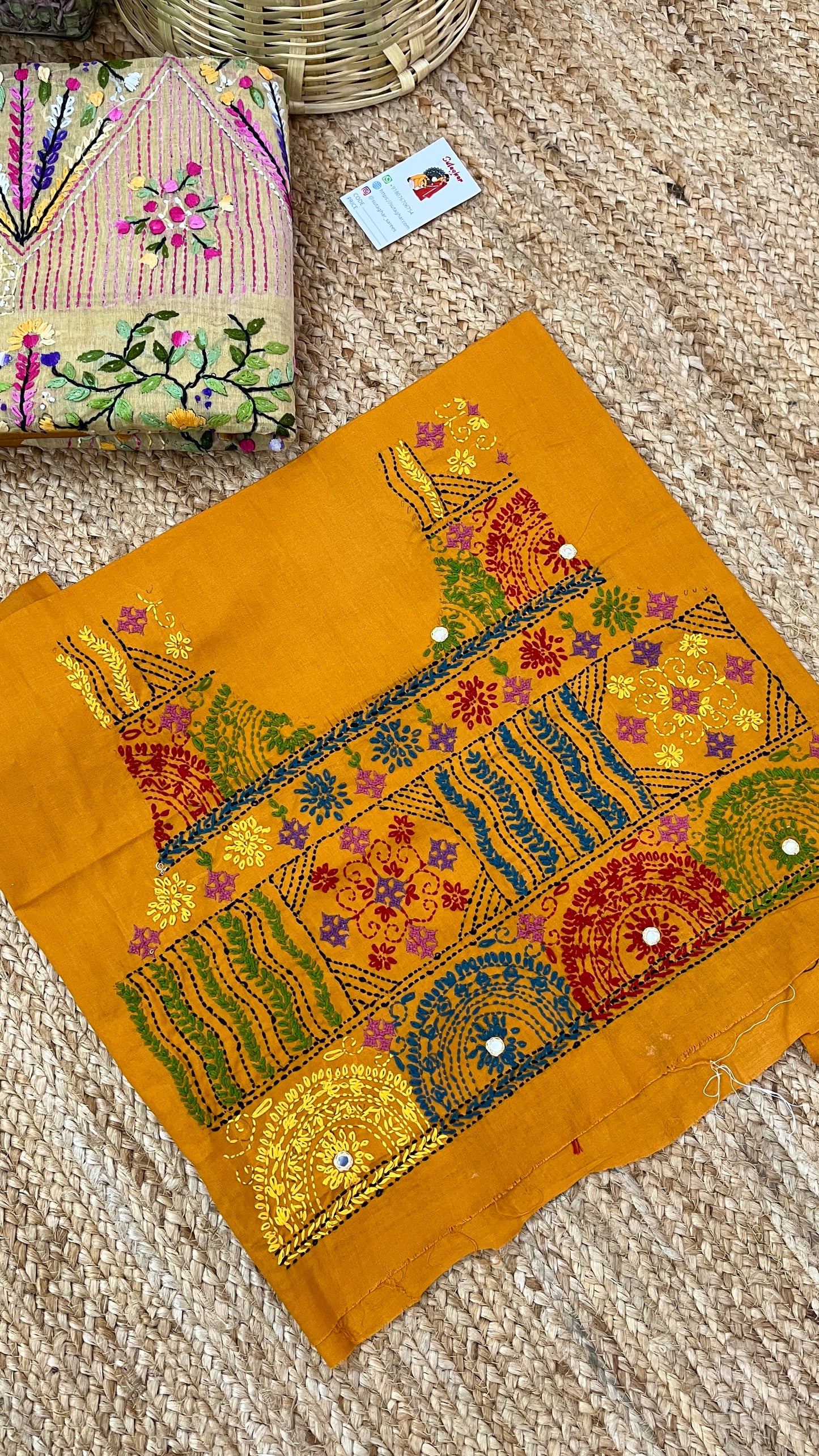 Kantha Hand-Embroidered Beige and Yellow Saree