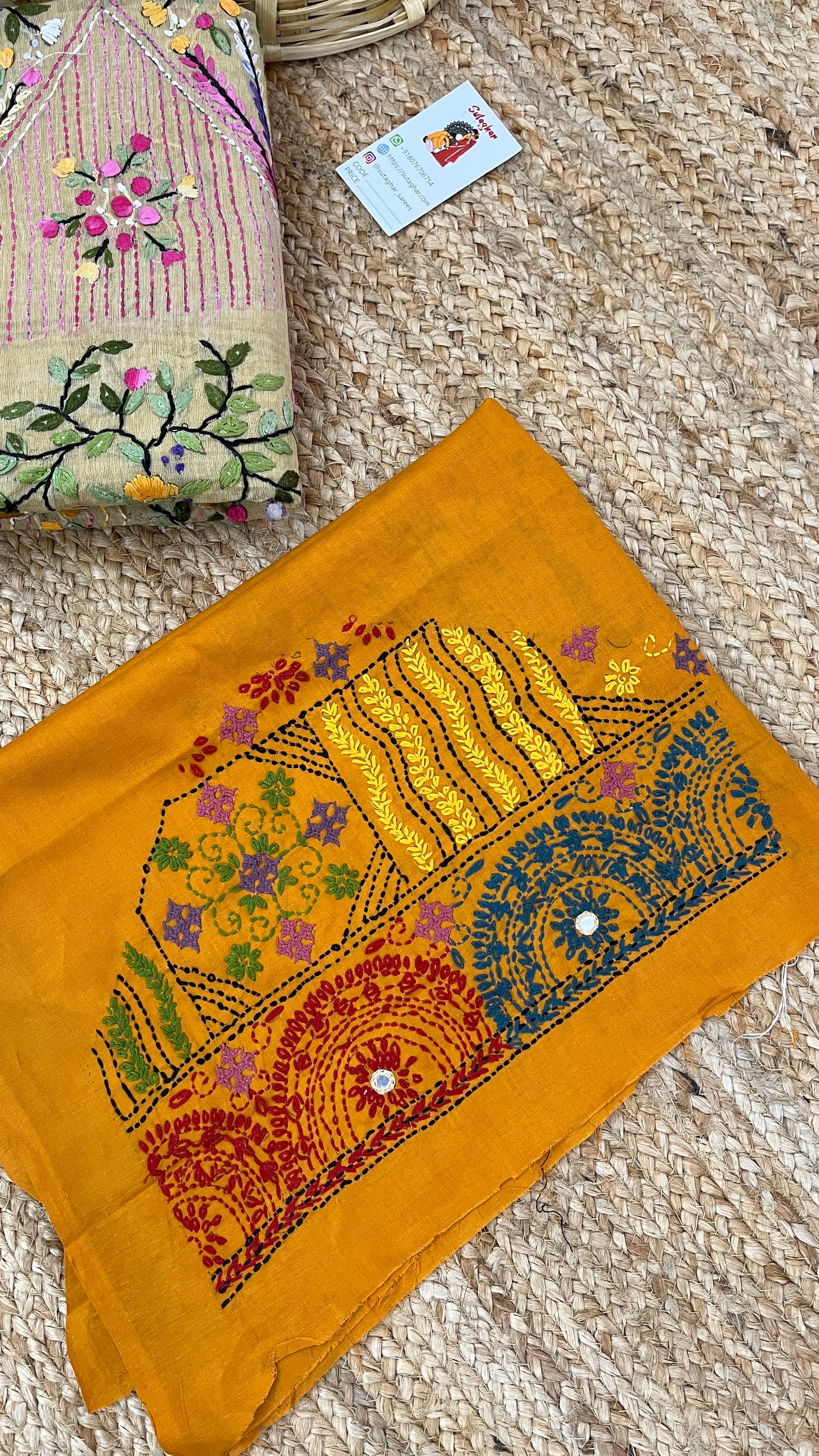 Kantha Hand-Embroidered Beige and Yellow Saree