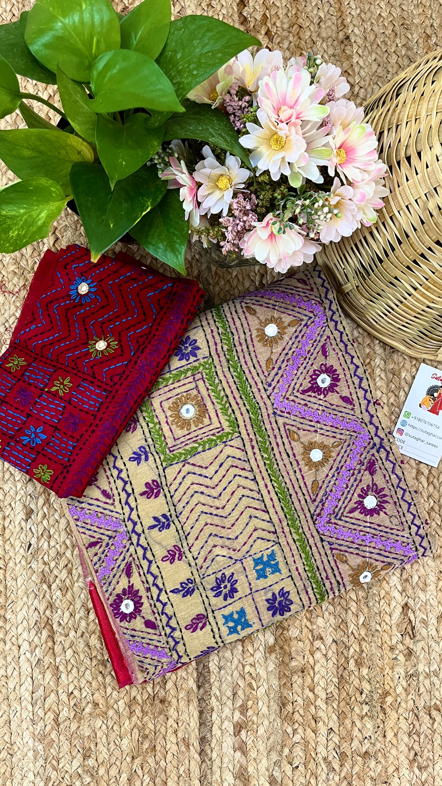 Kantha Hand-Embroidered Beige and Red Saree
