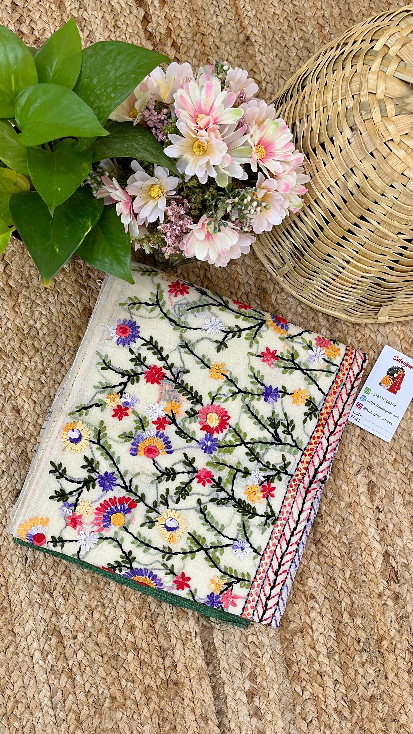 Kantha Hand-Embroidered White and Green Saree