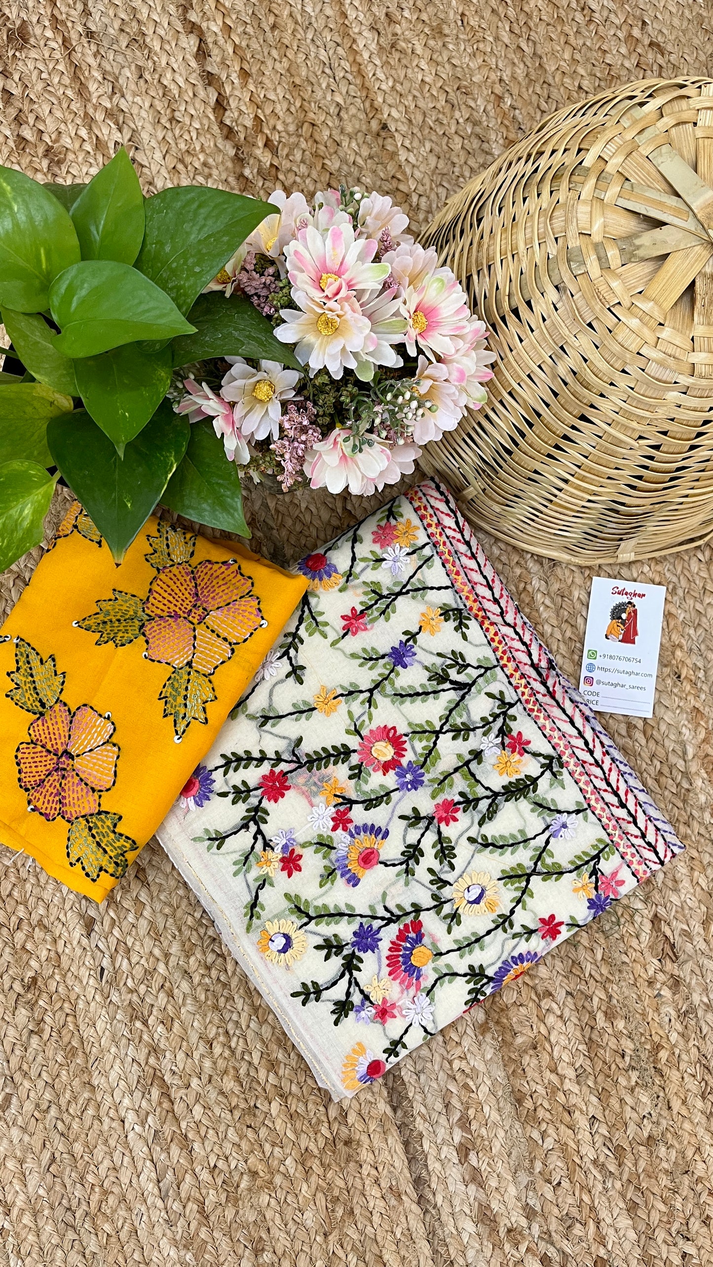 Kantha Hand-Embroidered White and Green Saree