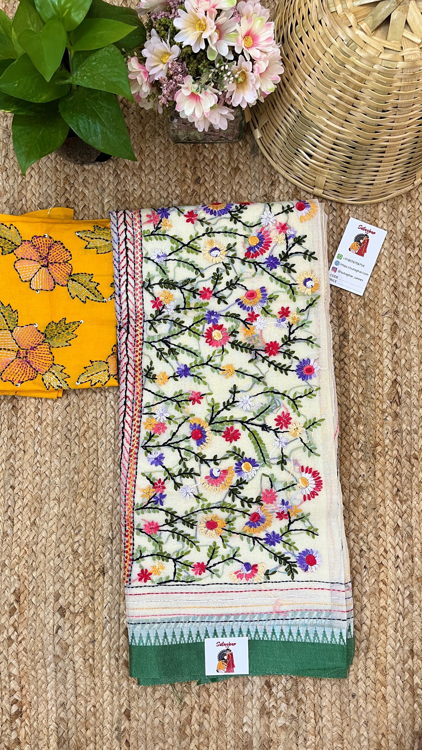 Kantha Hand-Embroidered White and Green Saree