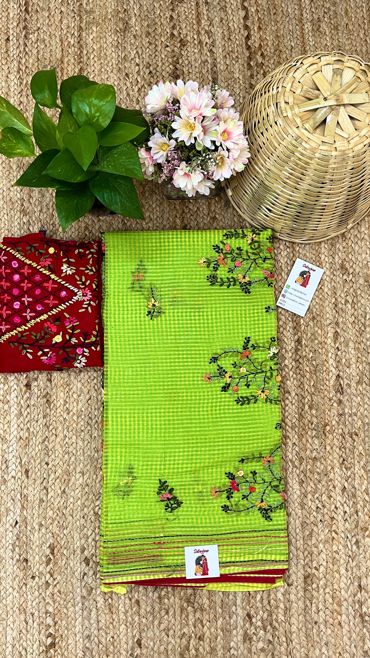Kantha Hand-Embroidered Green and Red Saree