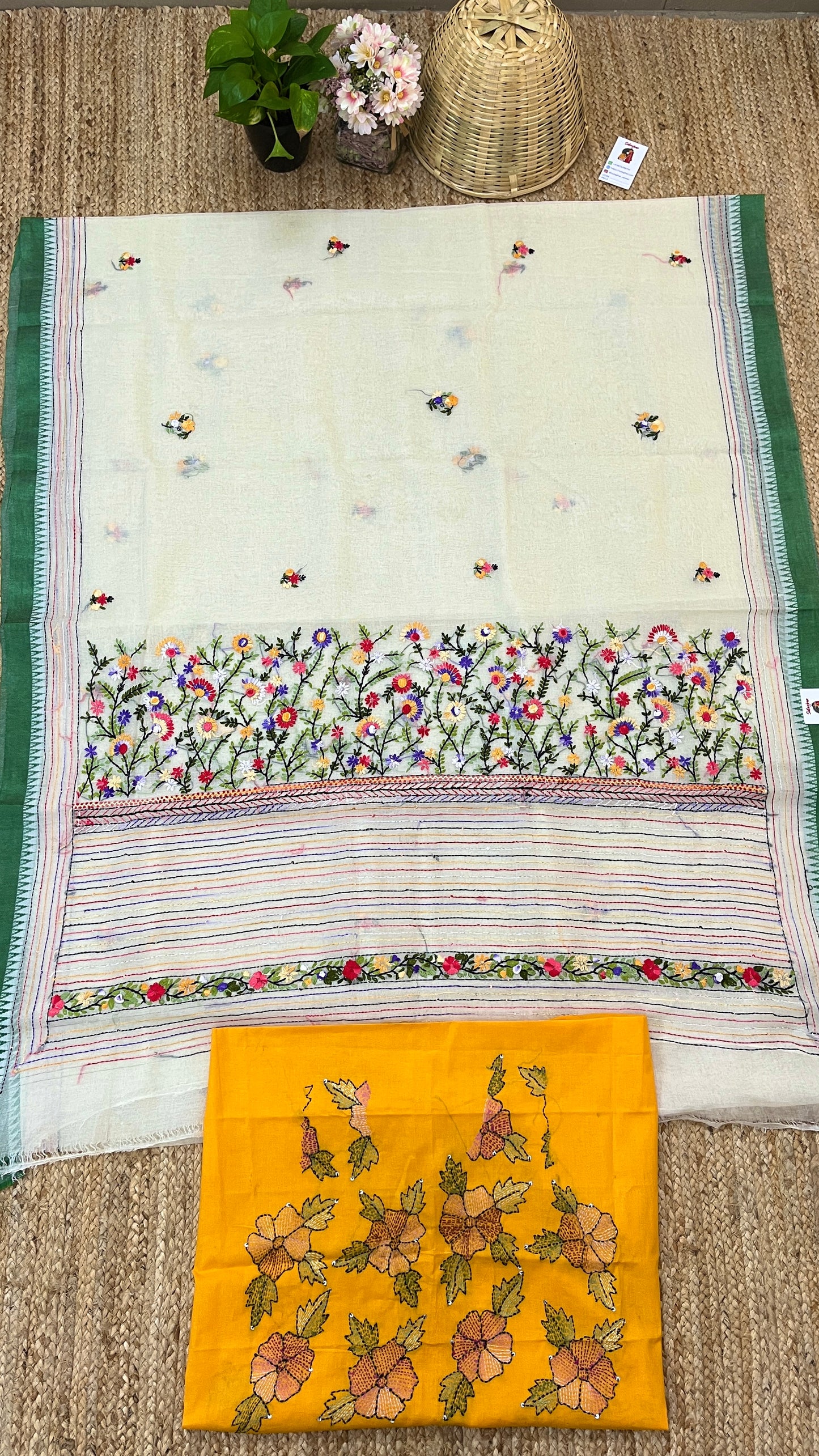 Kantha Hand-Embroidered White and Green Saree