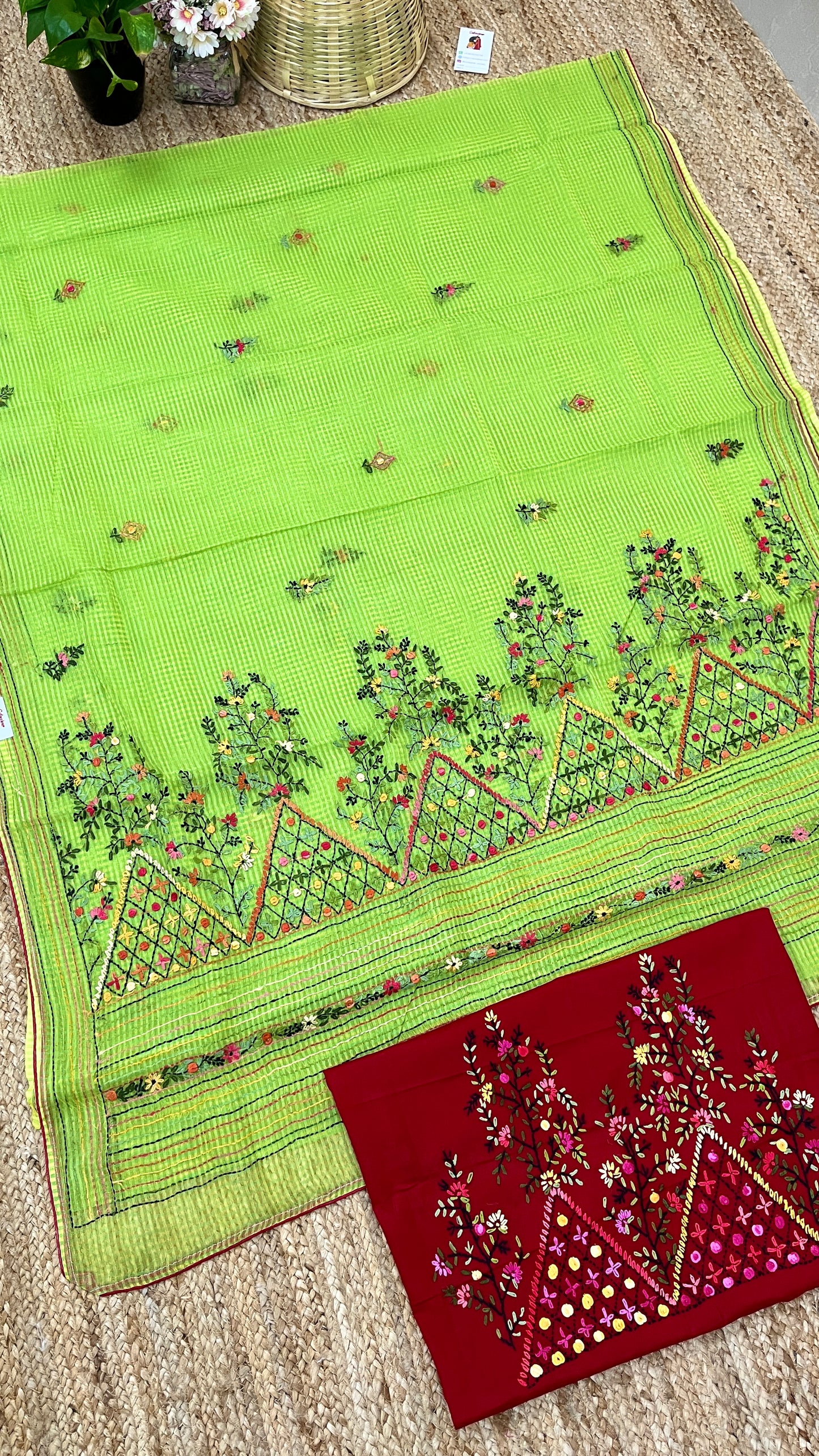 Kantha Hand-Embroidered Green and Red Saree