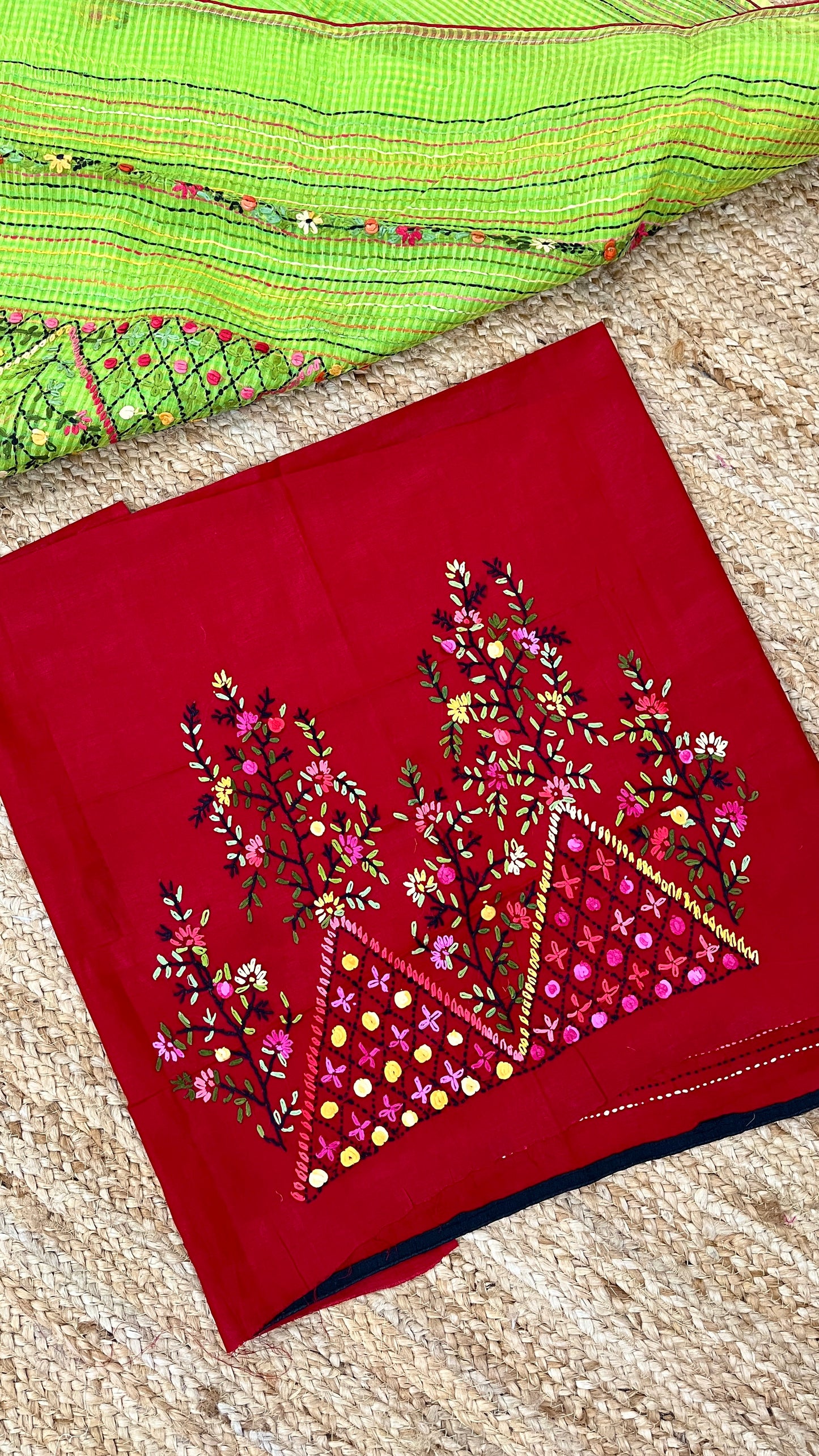 Kantha Hand-Embroidered Green and Red Saree