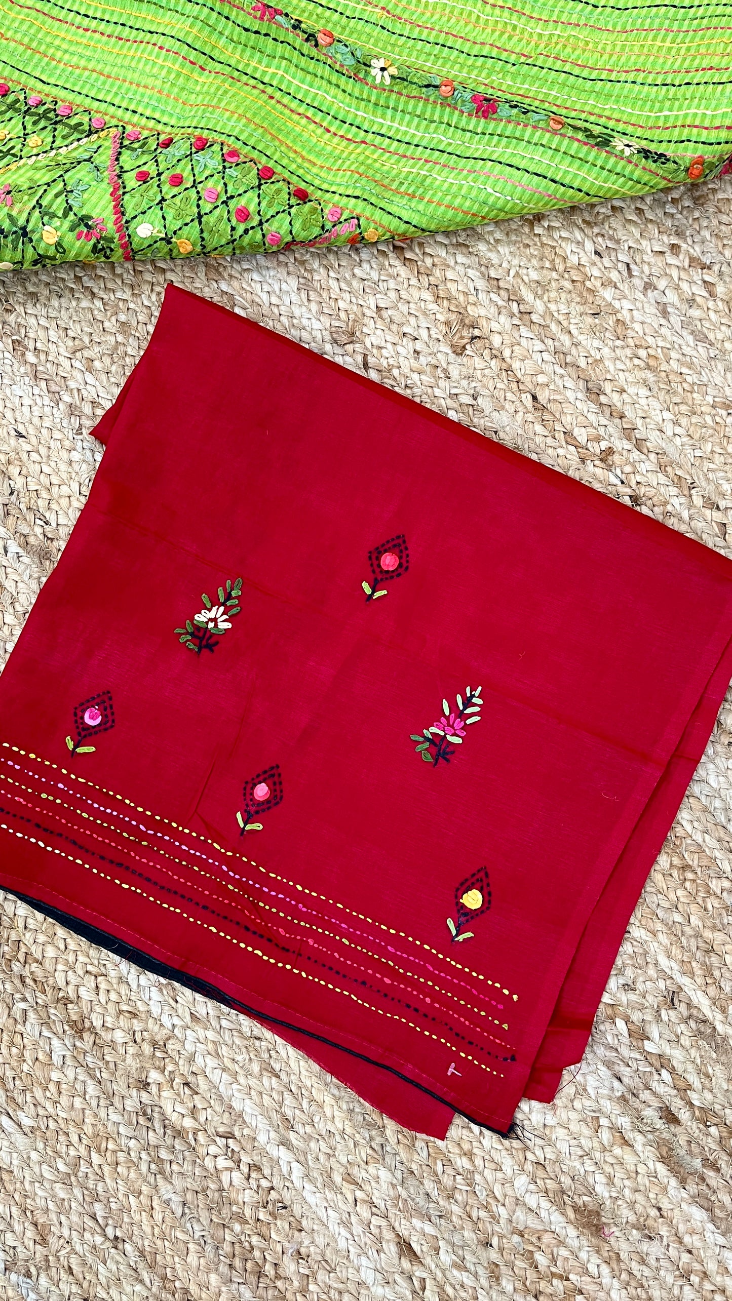 Kantha Hand-Embroidered Green and Red Saree
