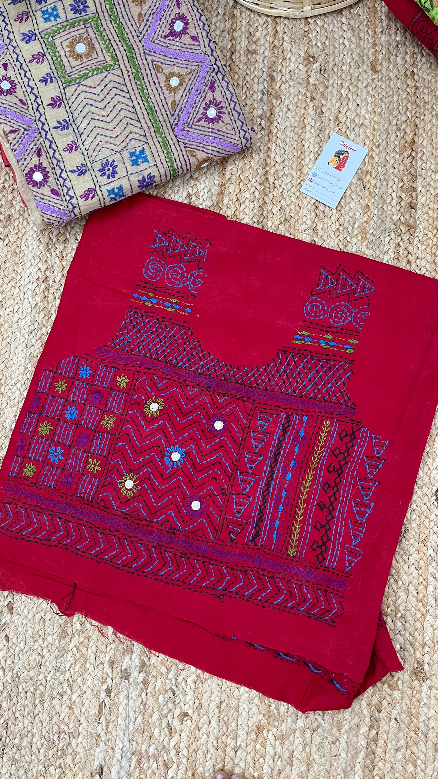 Kantha Hand-Embroidered Beige and Red Saree
