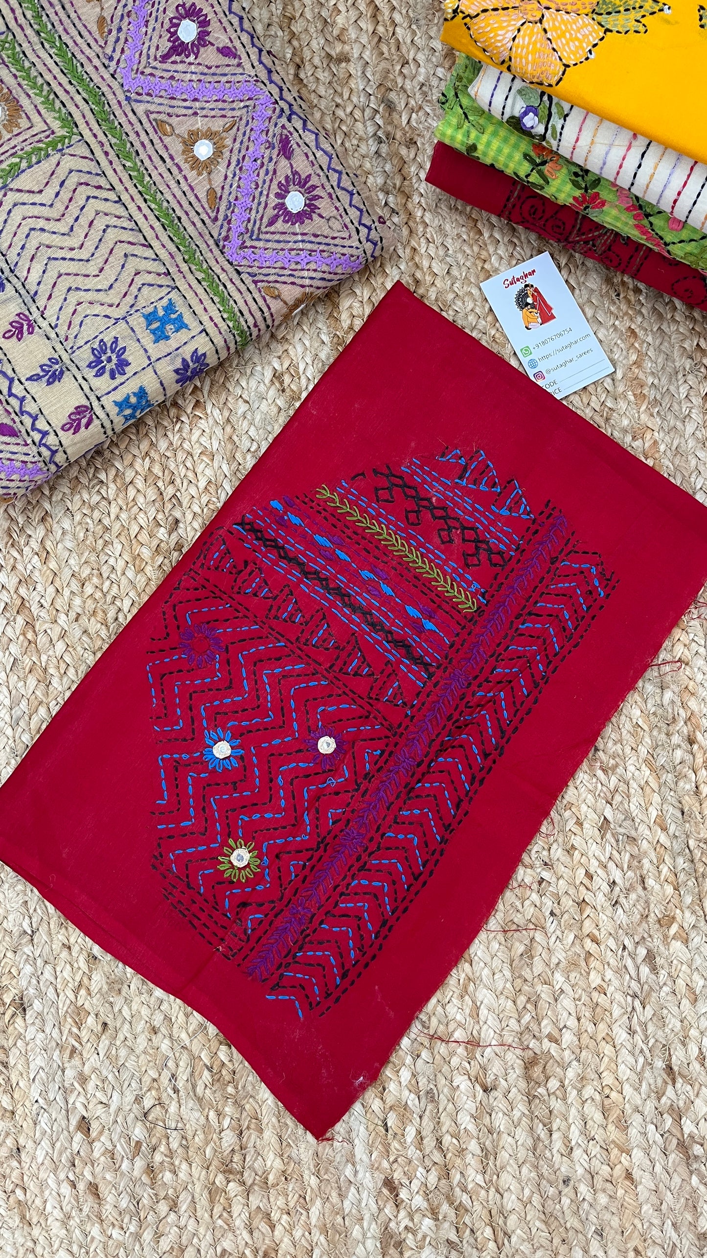 Kantha Hand-Embroidered Beige and Red Saree