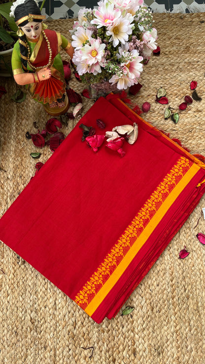 Dhaniakhali Pure Cotton Handloom Saree - Red Yellow