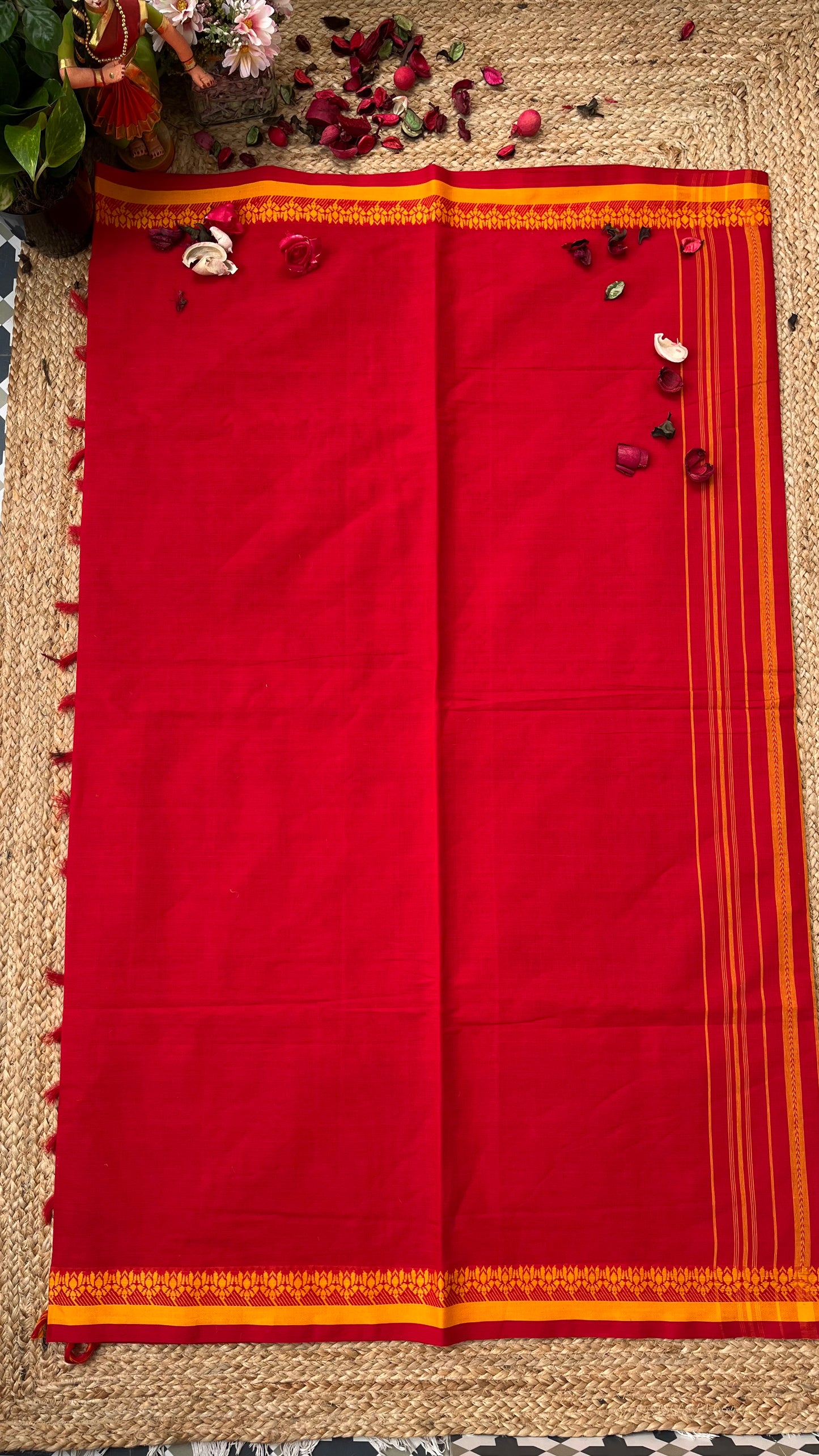 Dhaniakhali Pure Cotton Handloom Saree - Red Yellow