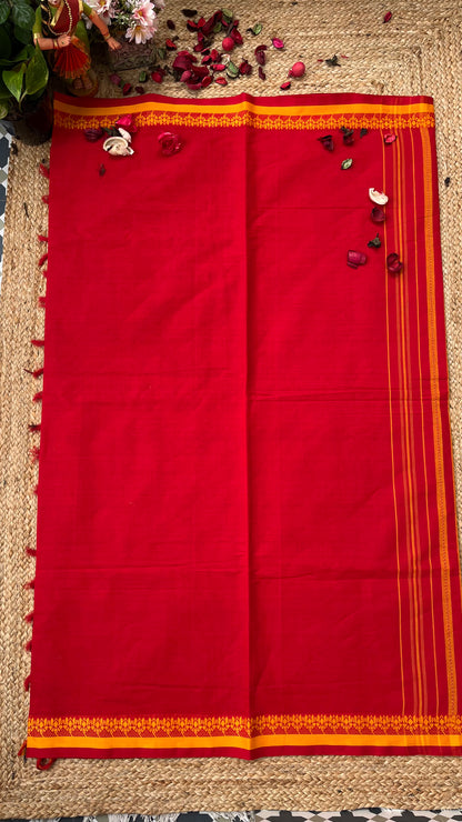 Dhaniakhali Pure Cotton Handloom Saree - Red Yellow