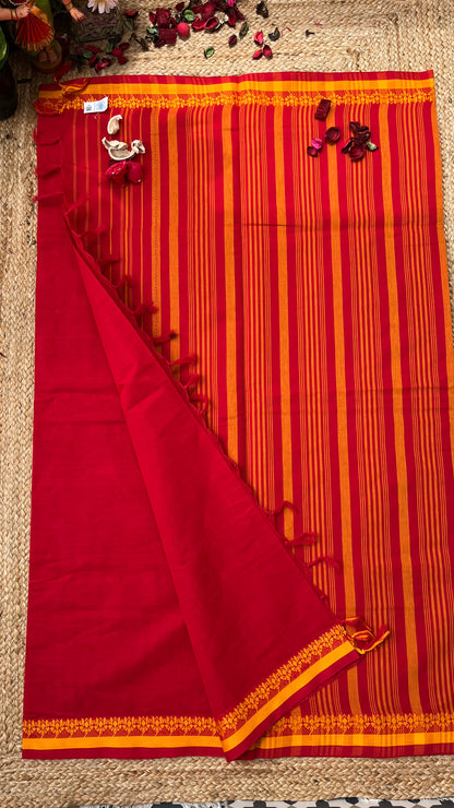 Dhaniakhali Pure Cotton Handloom Saree - Red Yellow