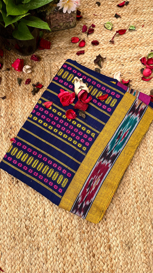 Begampuri Pure Cotton Handloom Saree - Blue Yellow