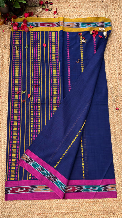 Begampuri Pure Cotton Handloom Saree - Blue Yellow