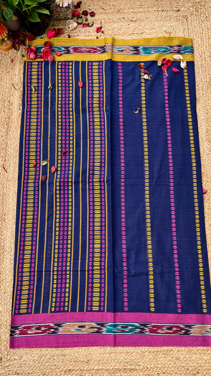 Begampuri Pure Cotton Handloom Saree - Blue Yellow