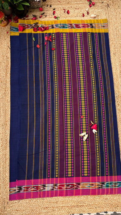 Begampuri Pure Cotton Handloom Saree - Blue Yellow