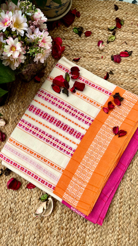 Begampuri Pure Cotton Handloom Saree - White Pink
