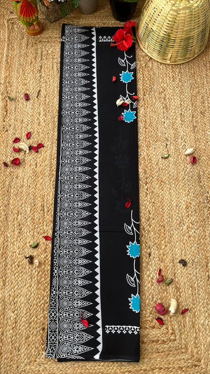 Bagru Flower Print Mulmul Cotton - Black