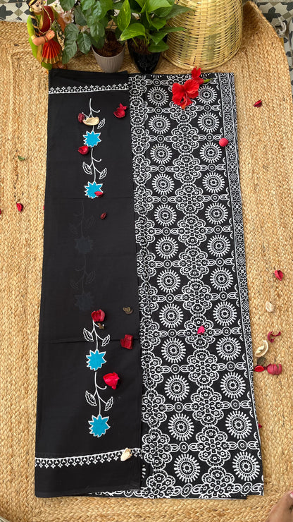 Bagru Flower Print Mulmul Cotton - Black