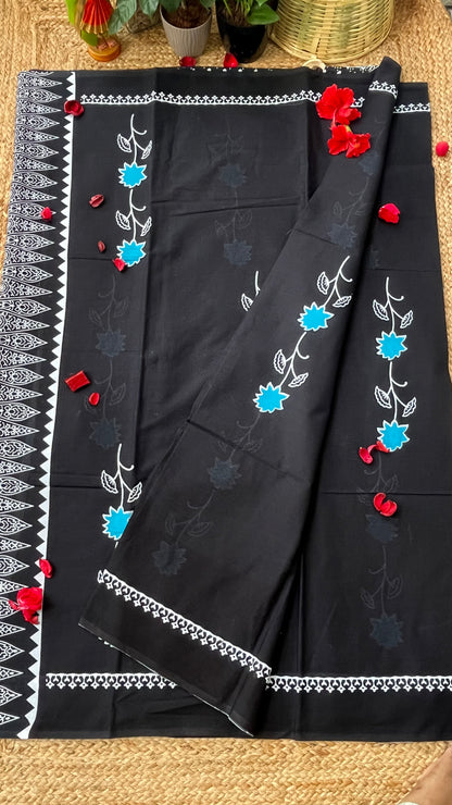 Bagru Flower Print Mulmul Cotton - Black