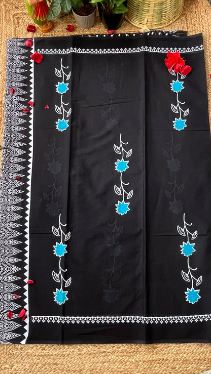 Bagru Flower Print Mulmul Cotton - Black
