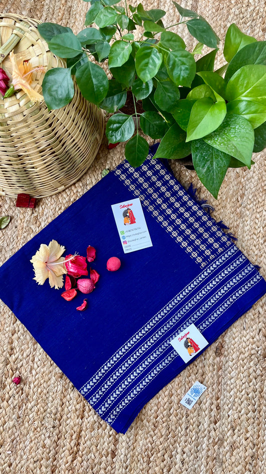 Embroidered Bengal Cotton Handloom Saree - Navy Blue